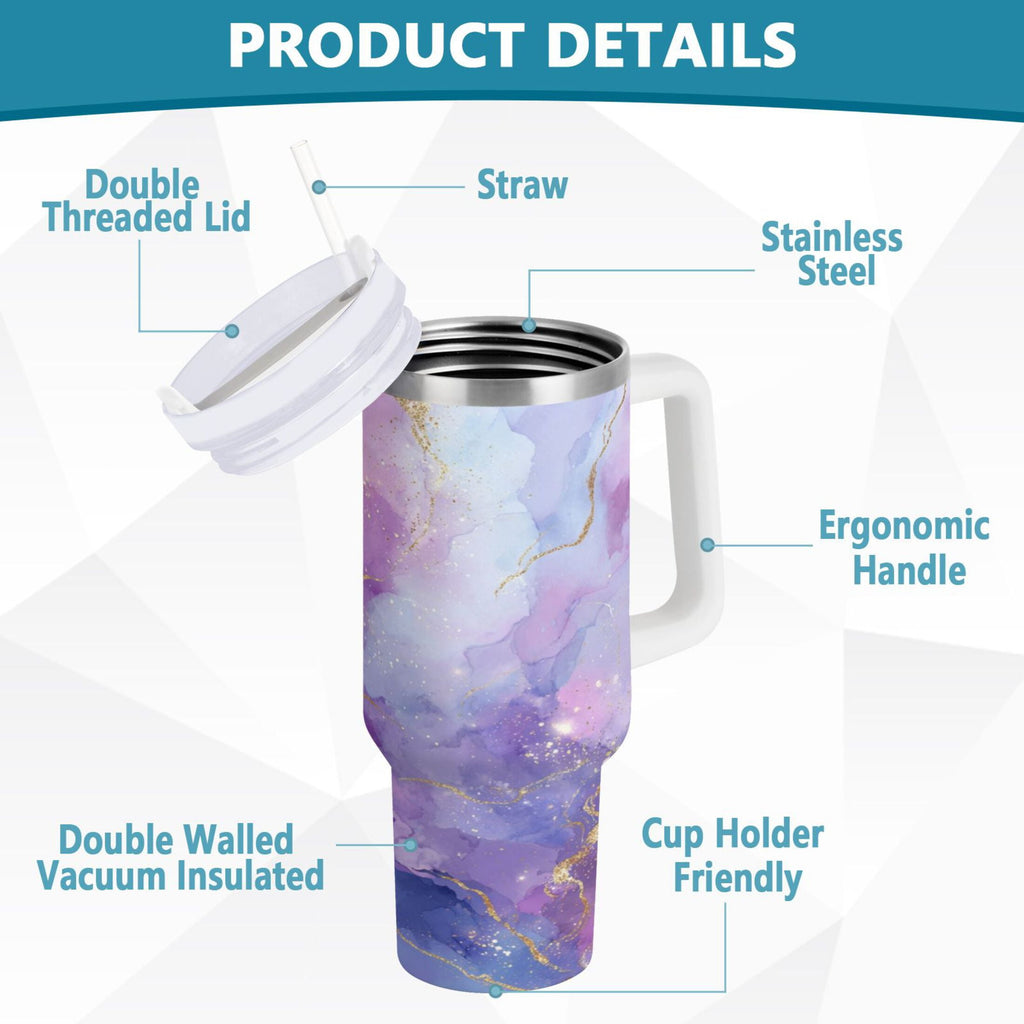 40 oz Insulated Stainless Steel Tumbler Double Wall Stainless Steel Tumbler with 2-Way Drinking Pink and Blue Marble Texture