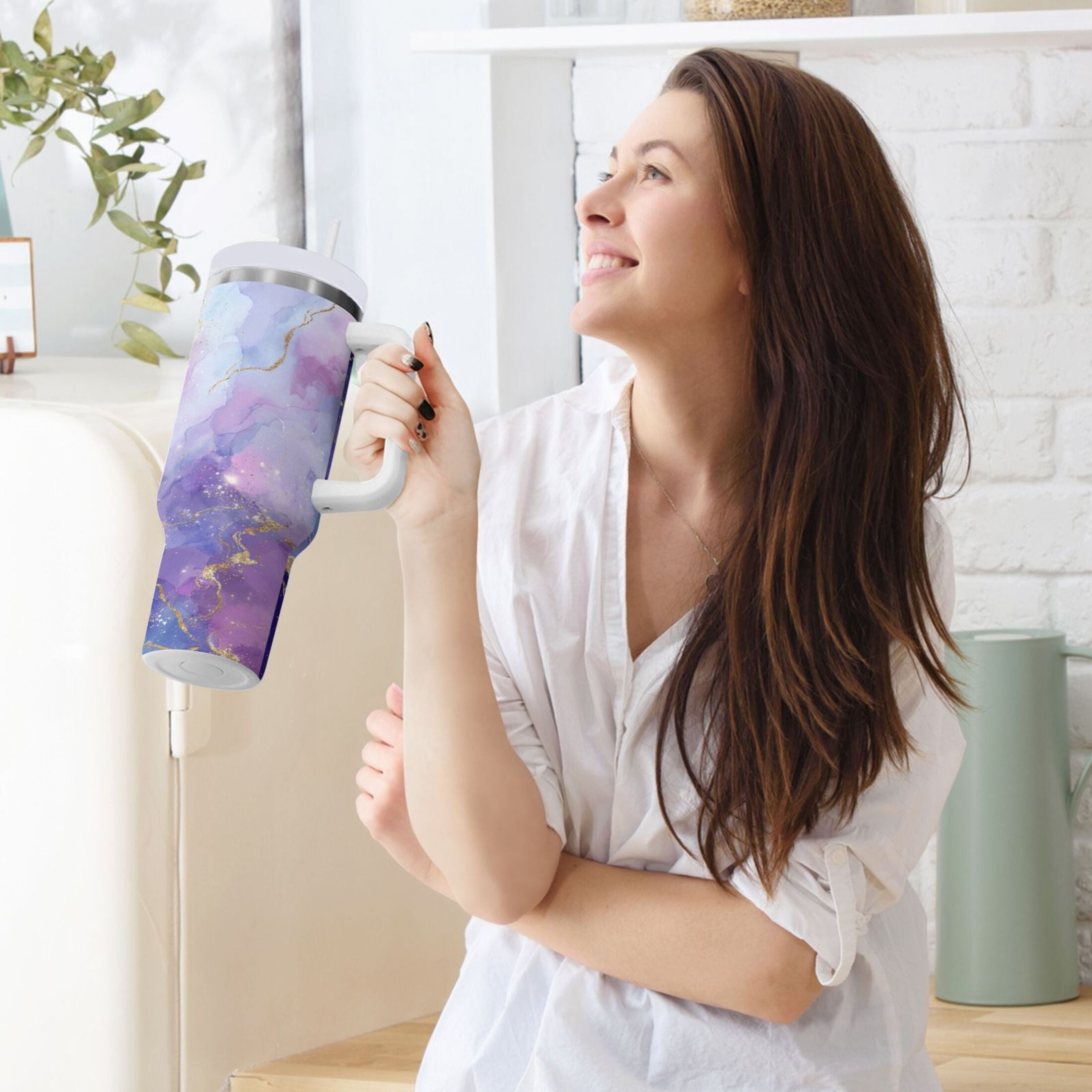 40 oz Insulated Stainless Steel Tumbler Double Wall Stainless Steel Tumbler with 2-Way Drinking Pink and Blue Marble Texture