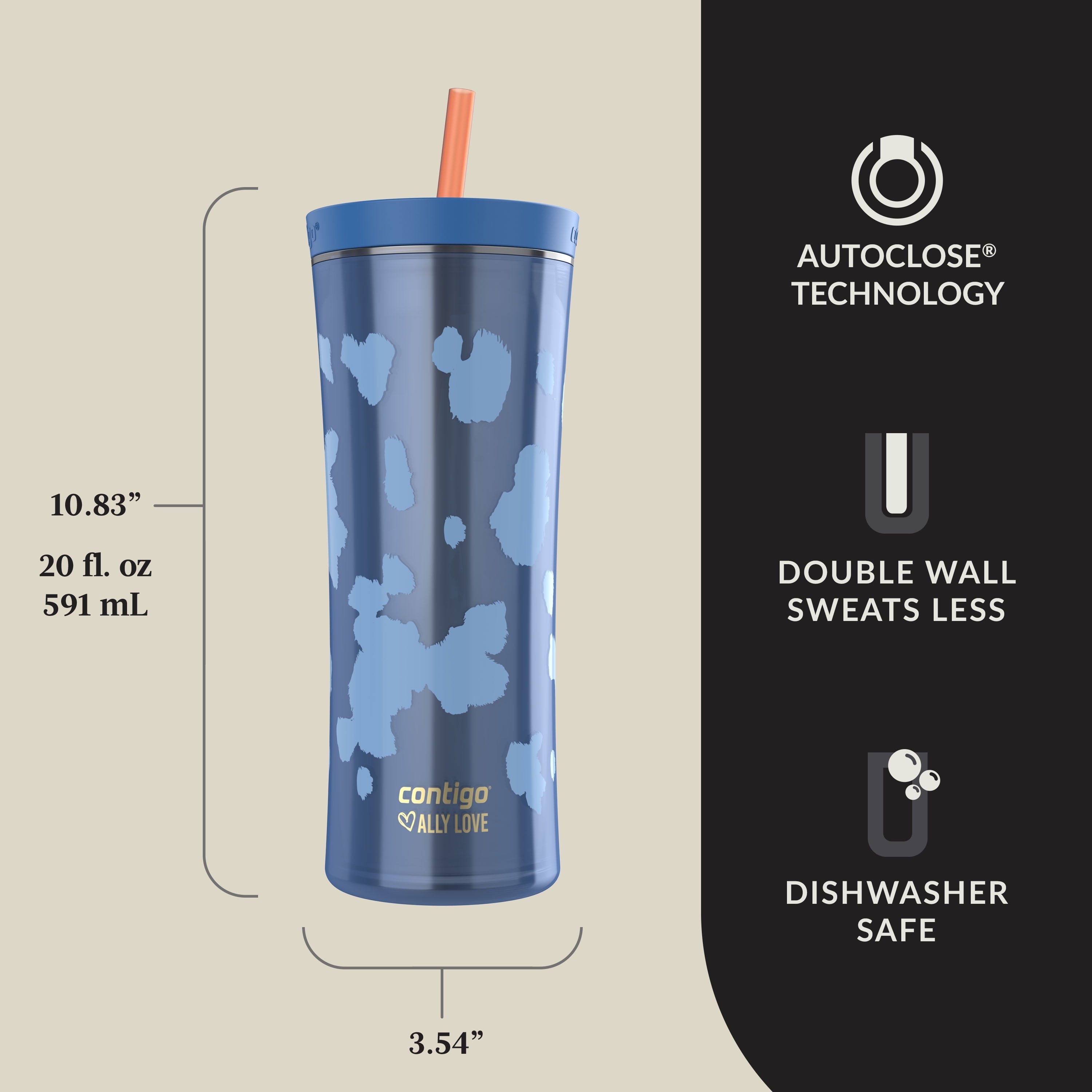 Contigo 20oz Shake &amp; Go Tumbler, Plastic with Straw, Stellar Jay Cowhide Couture