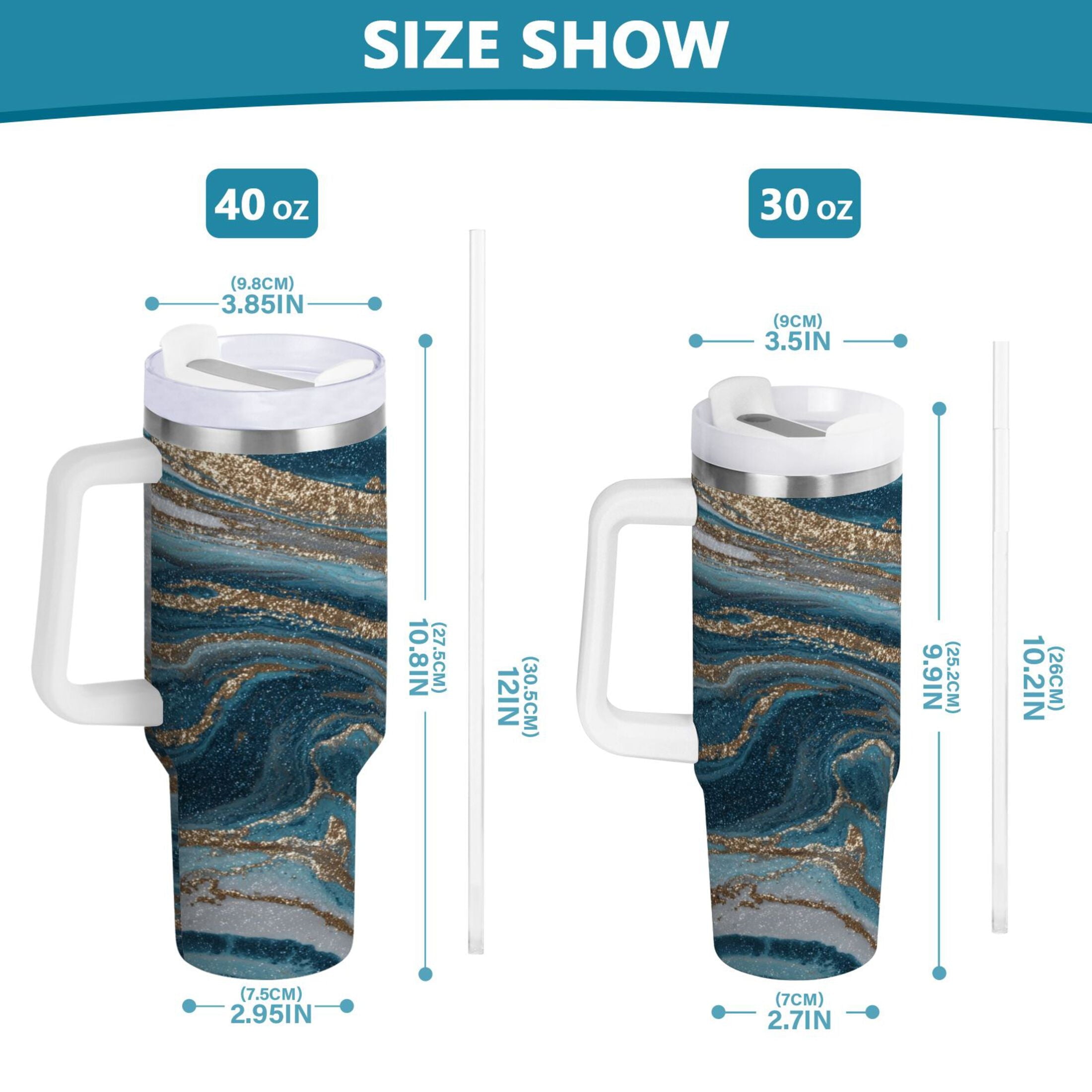 30 oz Insulated Stainless Steel Tumbler Double Wall Stainless Steel Tumbler with 2-Way Drinking Blue and Gold Swirling