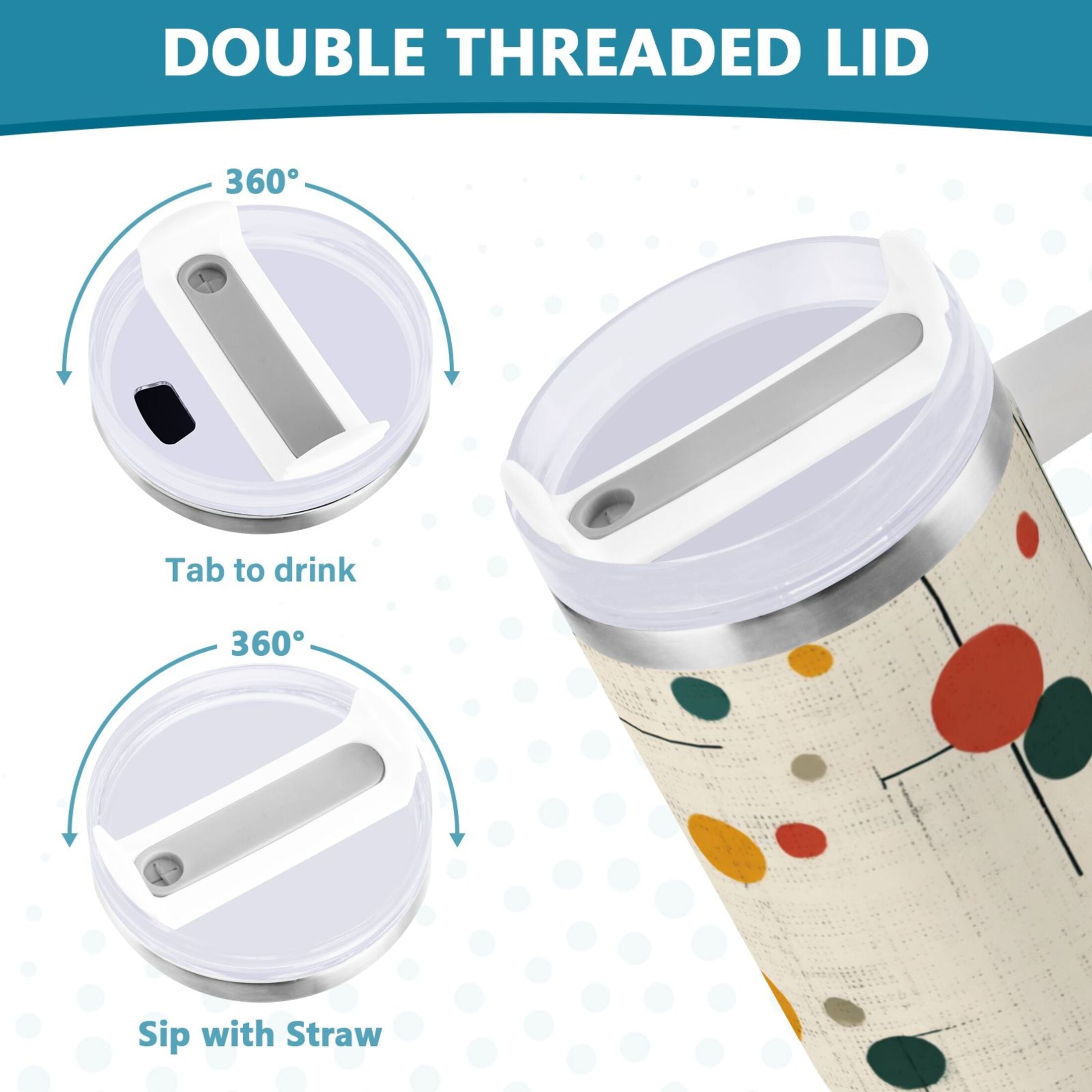 30 oz Insulated Stainless Steel Tumbler Double Wall Stainless Steel Tumbler with 2-Way Drinking Colorful Dots and Lines