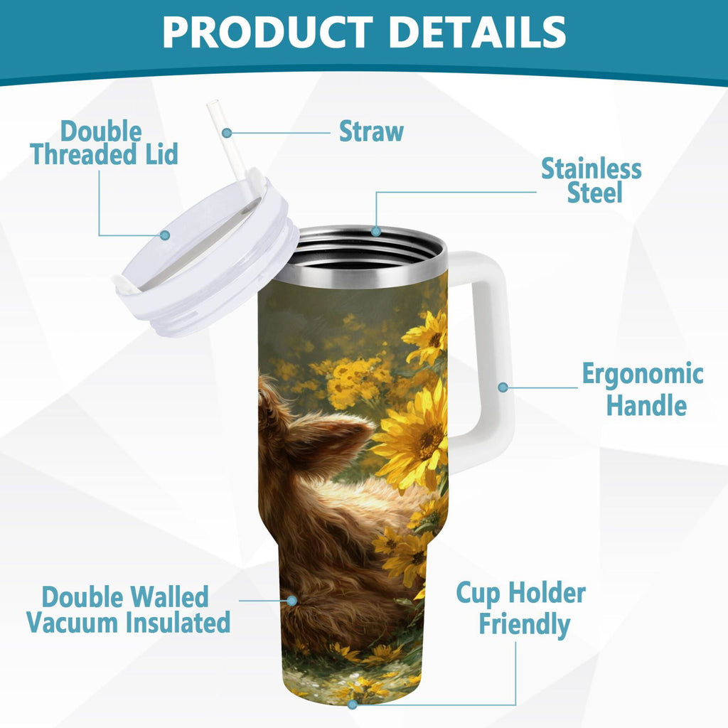 40 oz Insulated Stainless Steel Tumbler Double Wall Stainless Steel Tumbler with 2-Way Drinking Cow Lying in Sunflowers