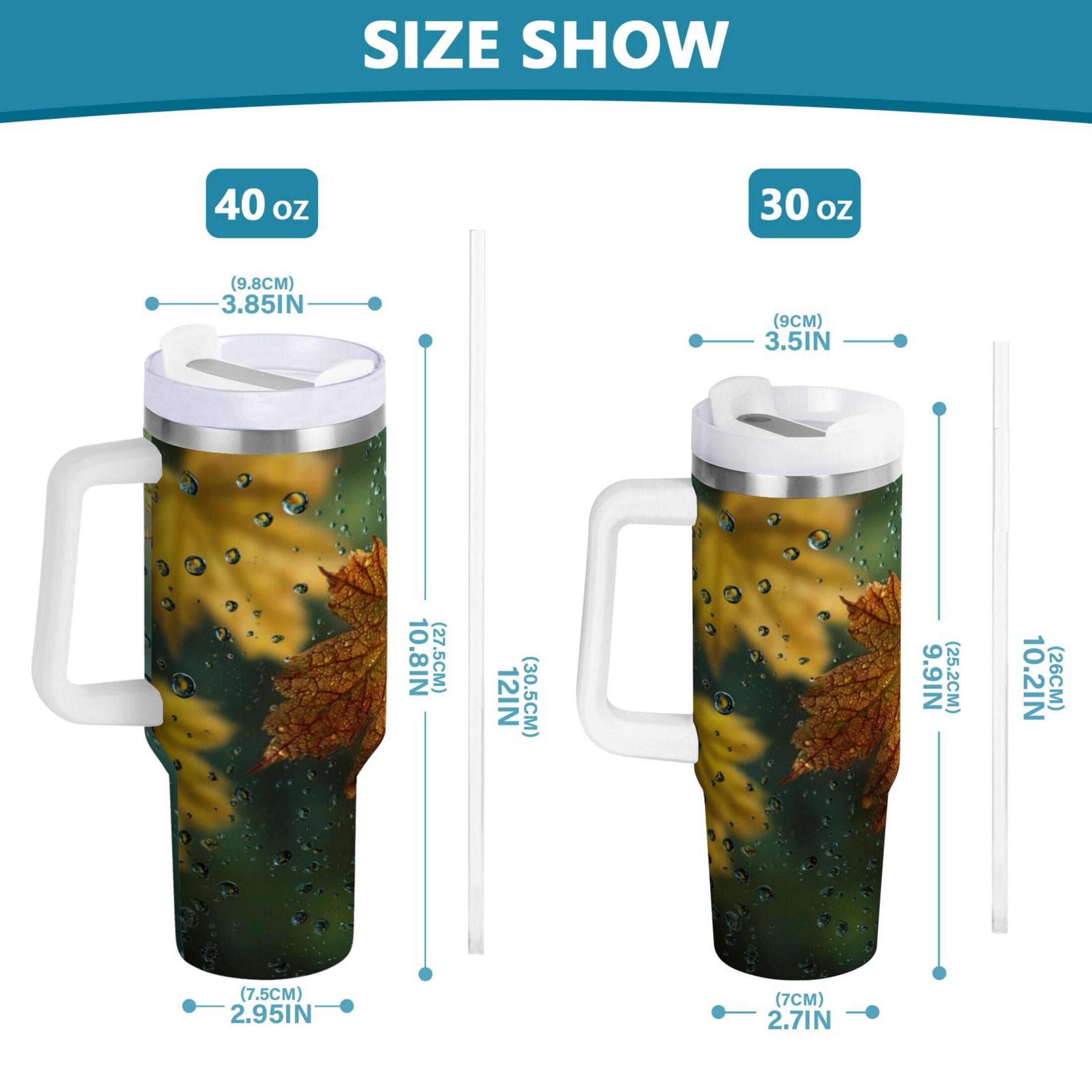 30 oz Insulated Stainless Steel Tumbler Double Wall Stainless Steel Tumbler with 2-Way Drinking Leaves with Water Droplets