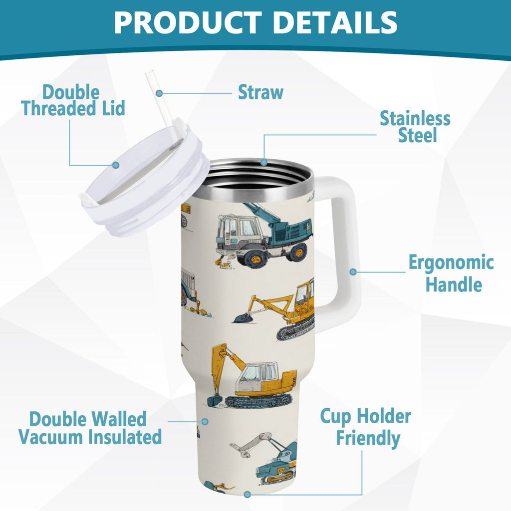 30 oz Insulated Stainless Steel Tumbler Double Wall Stainless Steel Tumbler with 2-Way Drinking Engineering Vehicle Pattern