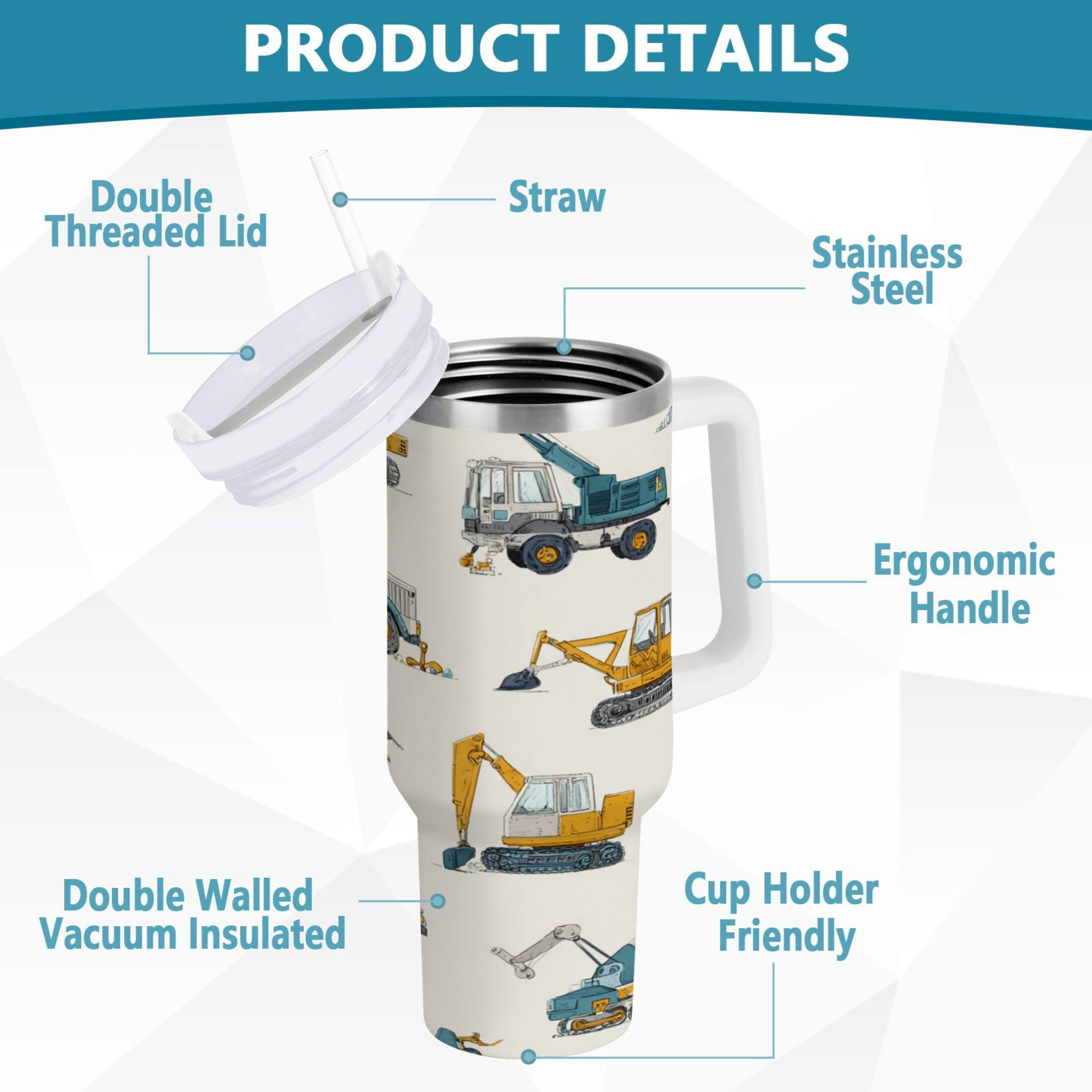 30 oz Insulated Stainless Steel Tumbler Double Wall Stainless Steel Tumbler with 2-Way Drinking Engineering Vehicle Pattern