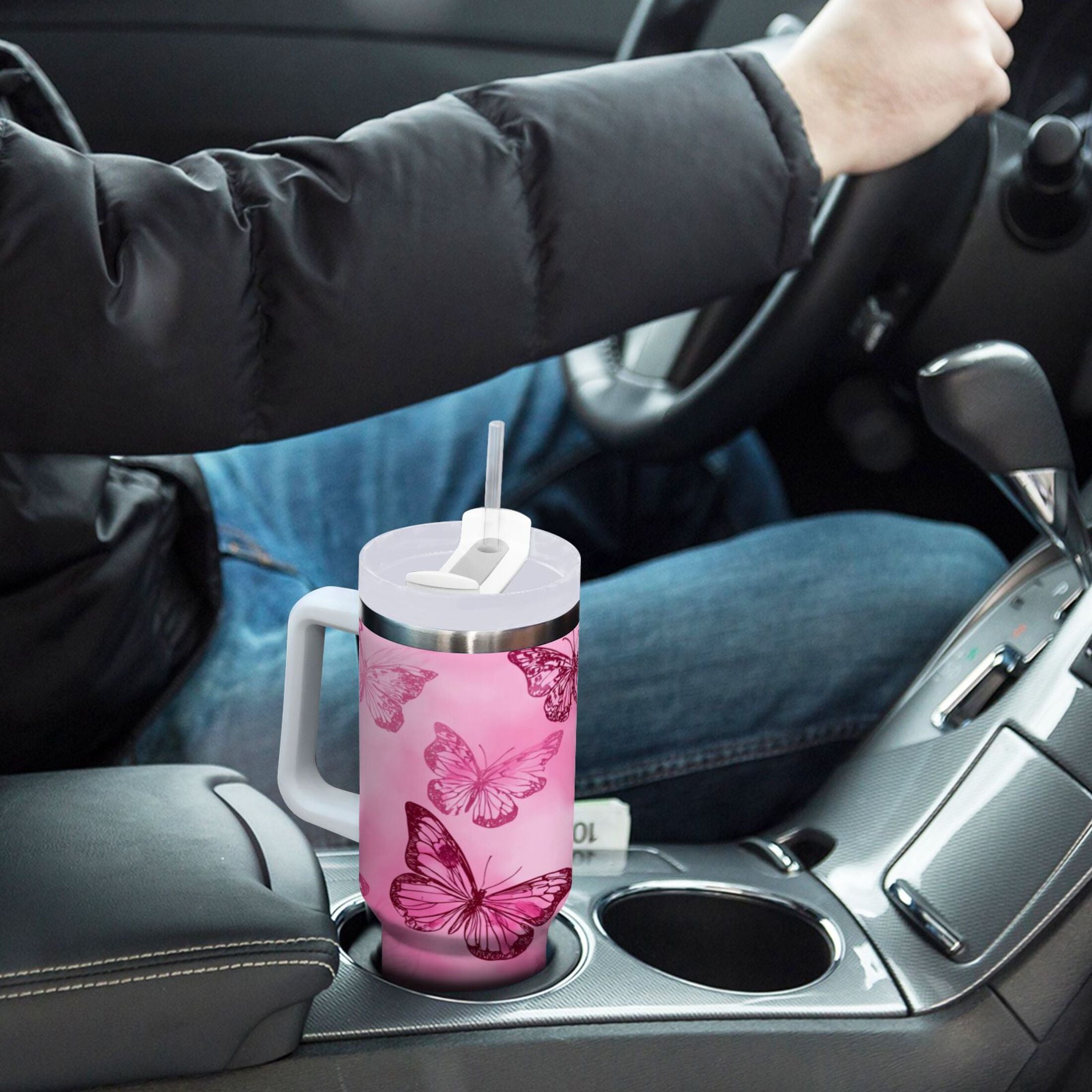 40 oz Insulated Stainless Steel Tumbler Double Wall Stainless Steel Tumbler with 2-Way Drinking Pink Butterfly Pattern