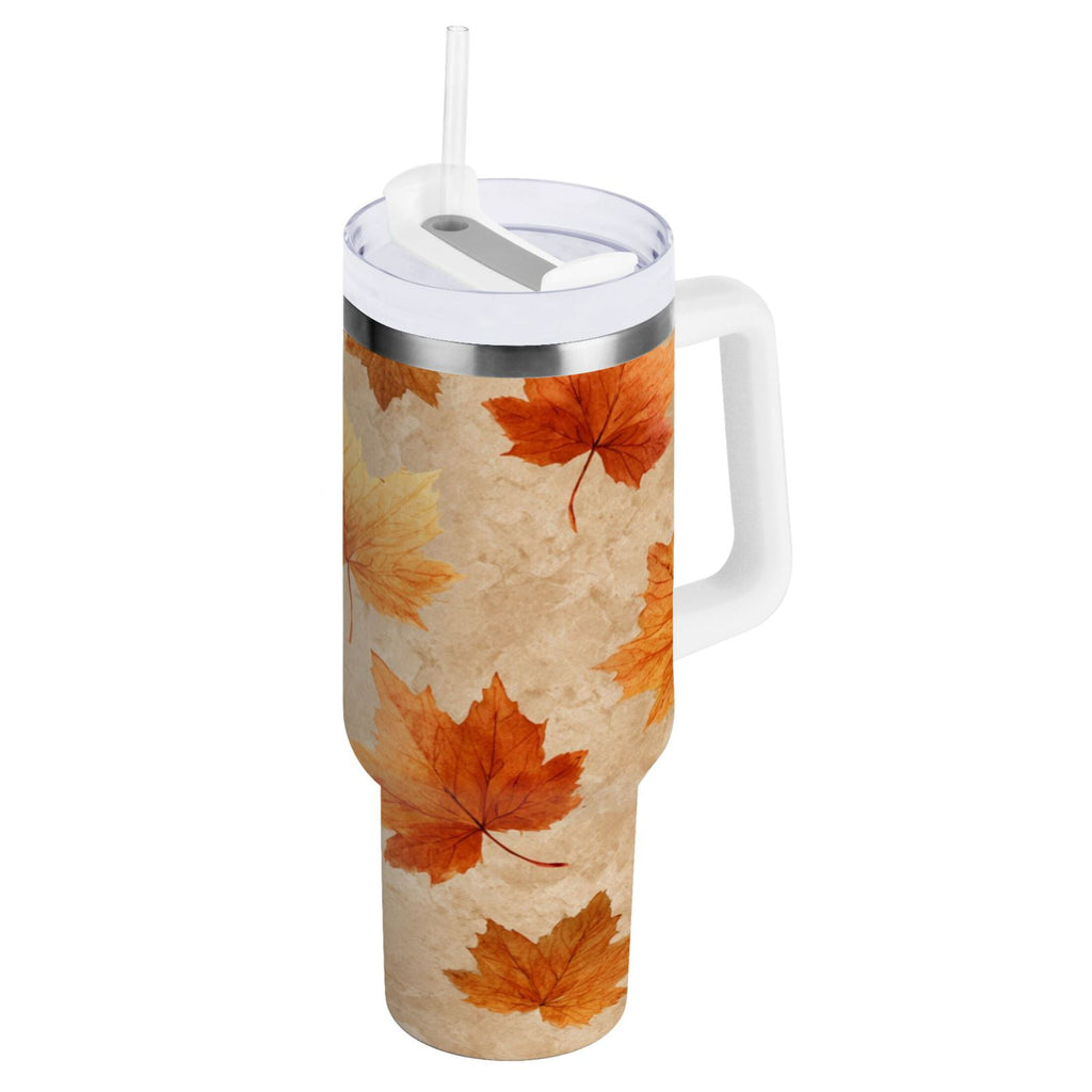 40 oz Insulated Stainless Steel Tumbler Double Wall Stainless Steel Tumbler with 2-Way Drinking Orange Autumn Leaves Pattern