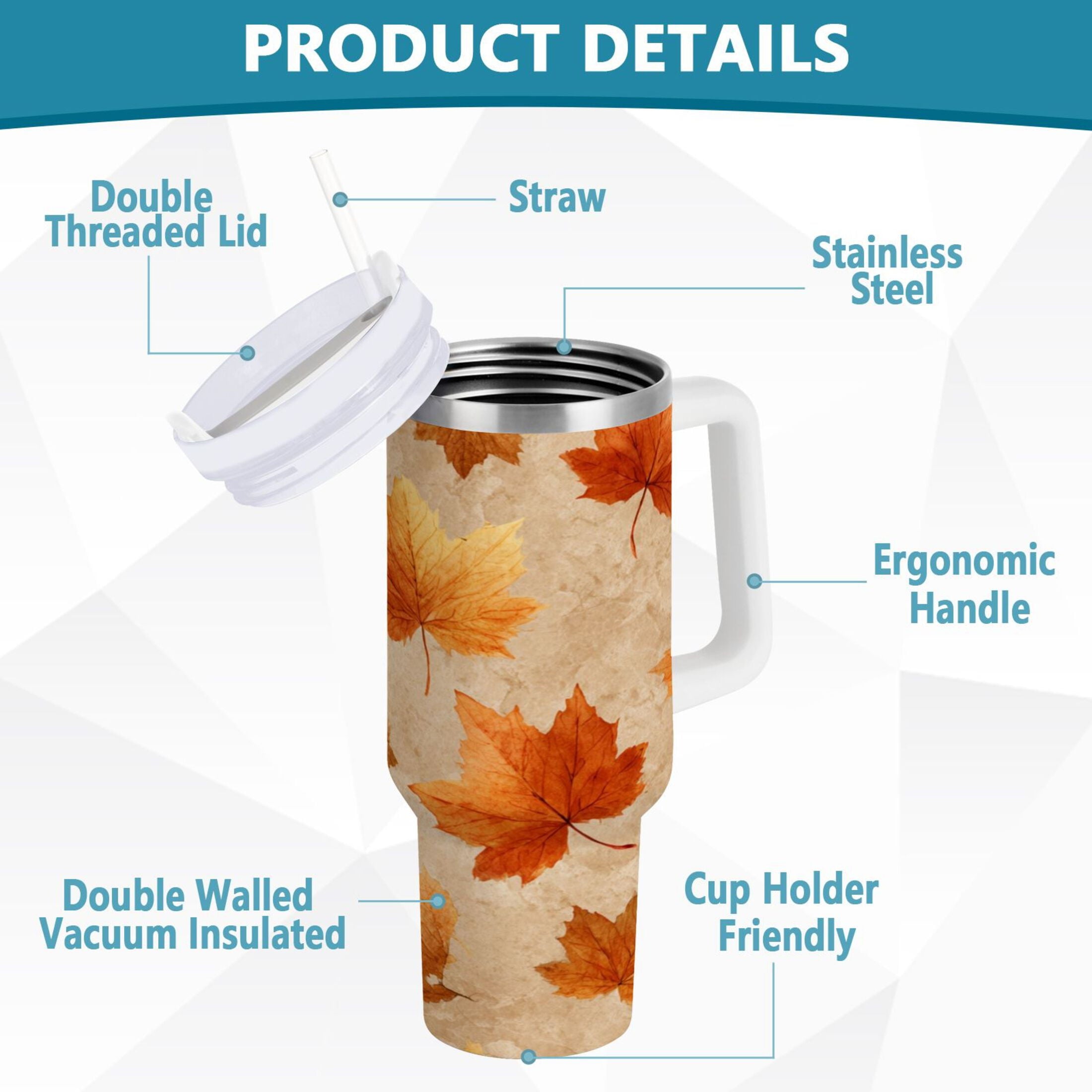 40 oz Insulated Stainless Steel Tumbler Double Wall Stainless Steel Tumbler with 2-Way Drinking Orange Autumn Leaves Pattern