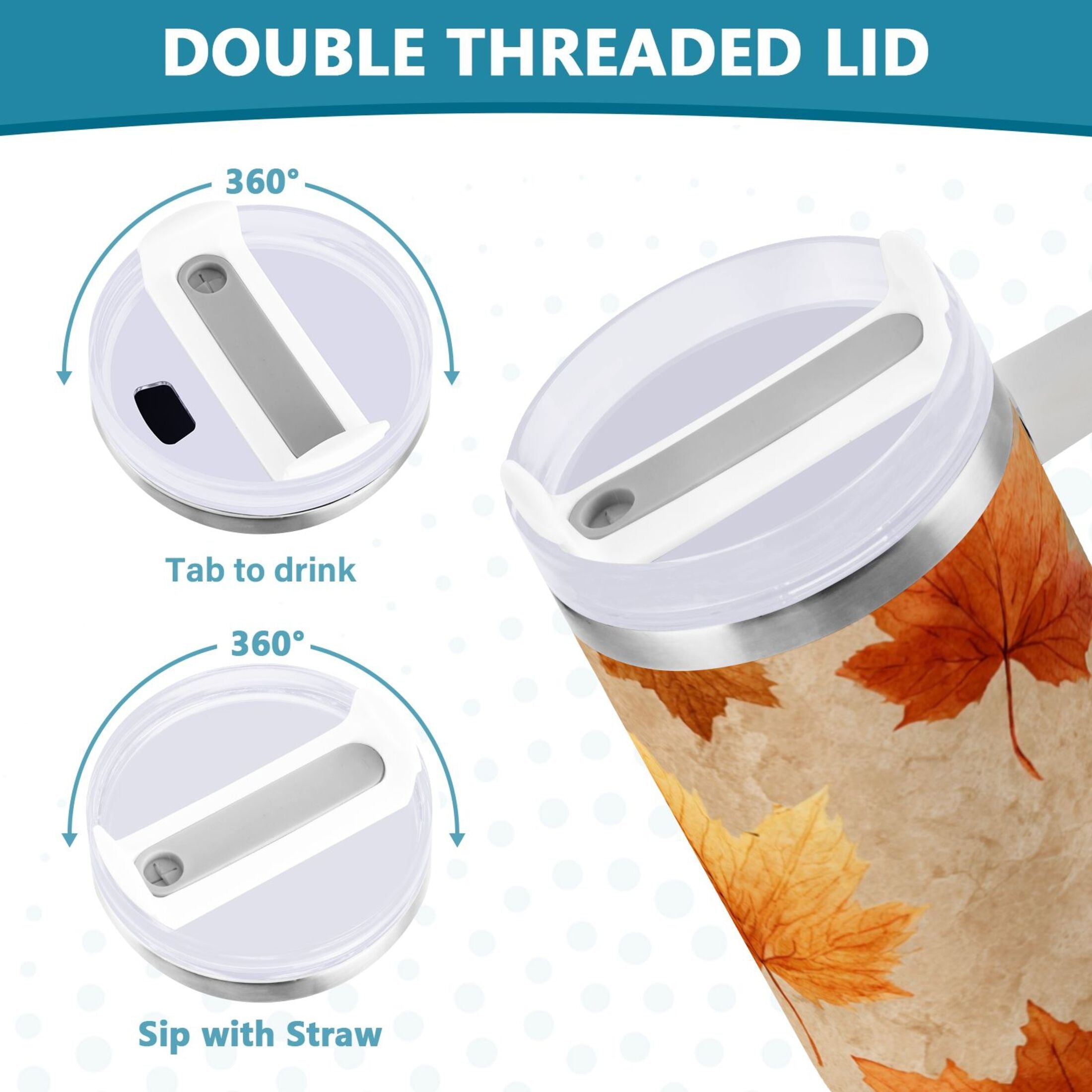40 oz Insulated Stainless Steel Tumbler Double Wall Stainless Steel Tumbler with 2-Way Drinking Orange Autumn Leaves Pattern