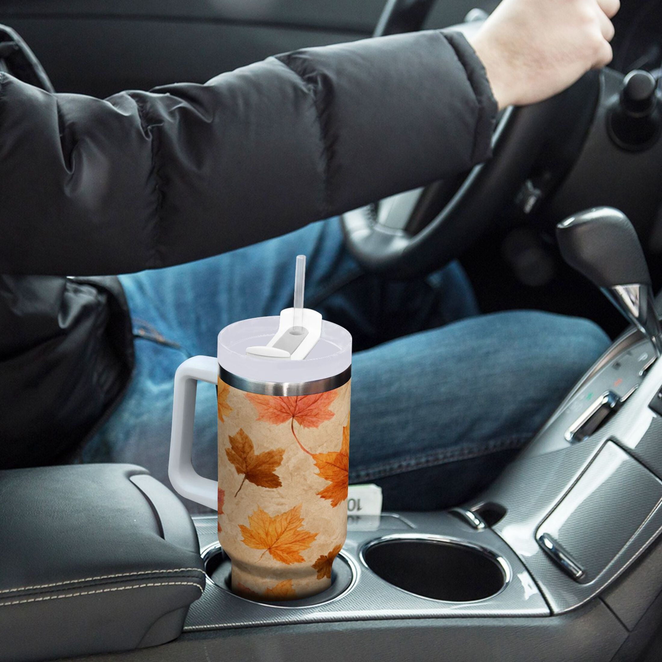 40 oz Insulated Stainless Steel Tumbler Double Wall Stainless Steel Tumbler with 2-Way Drinking Orange Autumn Leaves Pattern