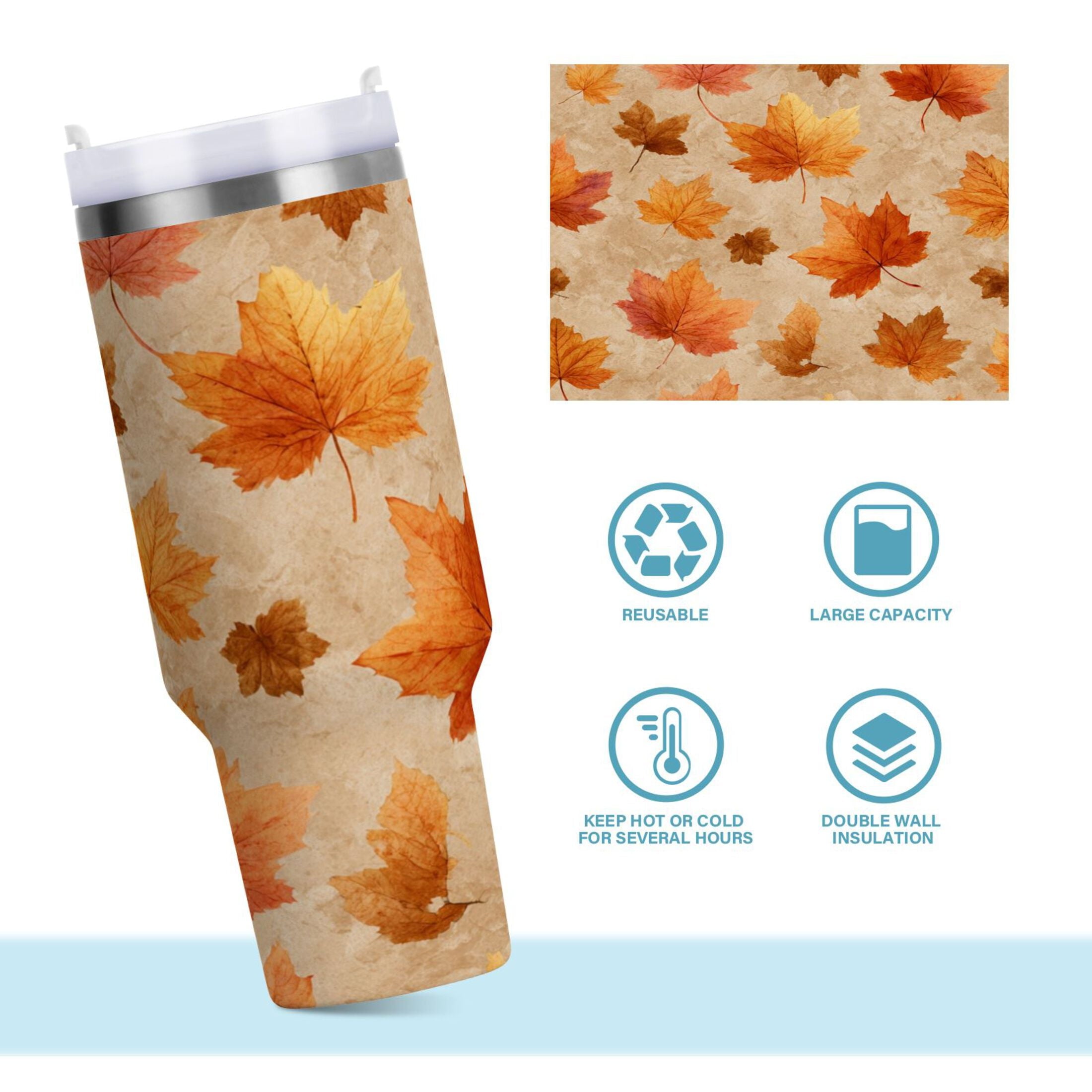 40 oz Insulated Stainless Steel Tumbler Double Wall Stainless Steel Tumbler with 2-Way Drinking Orange Autumn Leaves Pattern