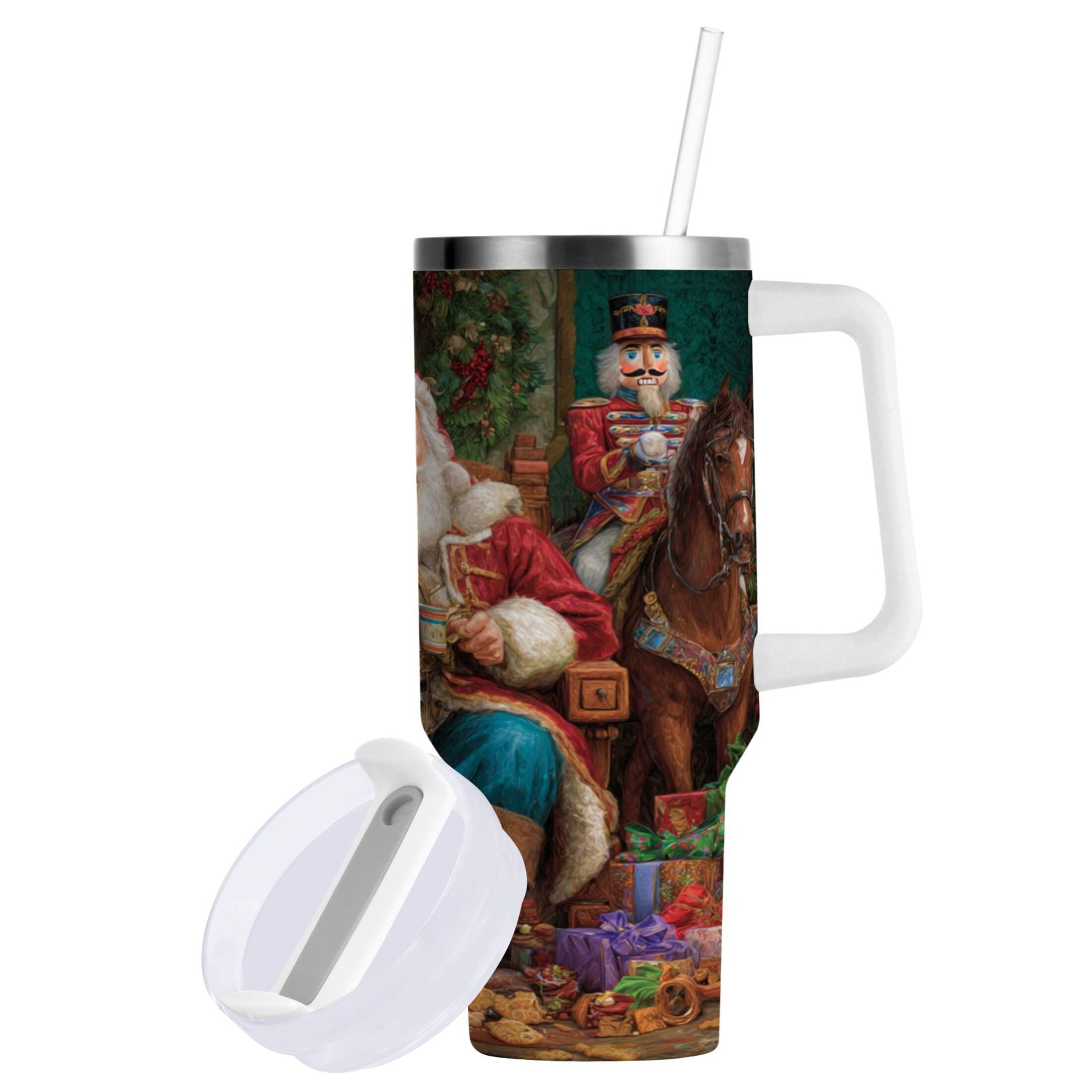 40 oz Insulated Stainless Steel Tumbler Double Wall Stainless Steel Tumbler with 2-Way Drinking Santa Eating Cookies