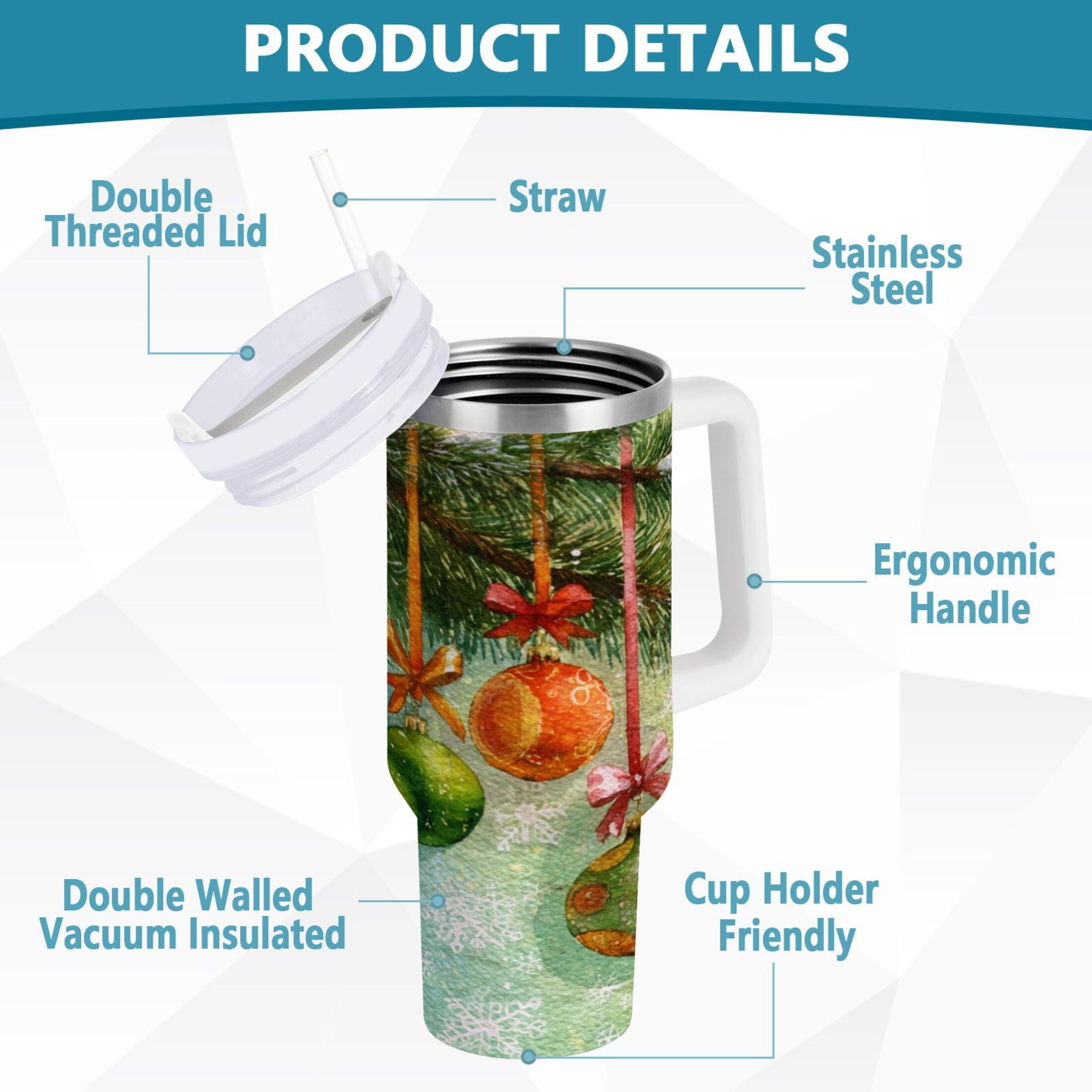 30 oz Insulated Stainless Steel Tumbler Double Wall Stainless Steel Tumbler with 2-Way Drinking Christmas Ornaments Watercolor Painting