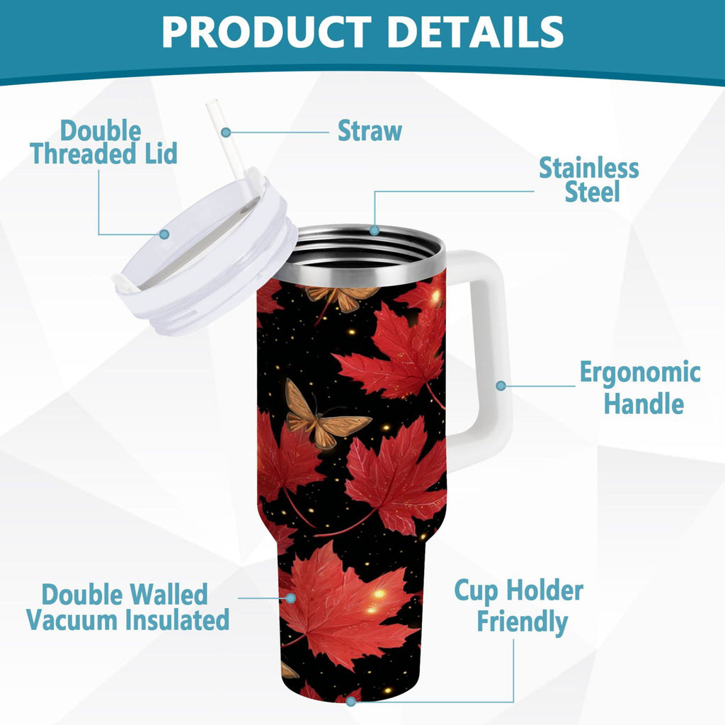 40 oz Insulated Stainless Steel Tumbler Double Wall Stainless Steel Tumbler with 2-Way Drinking Maple Leaves and Fireflies