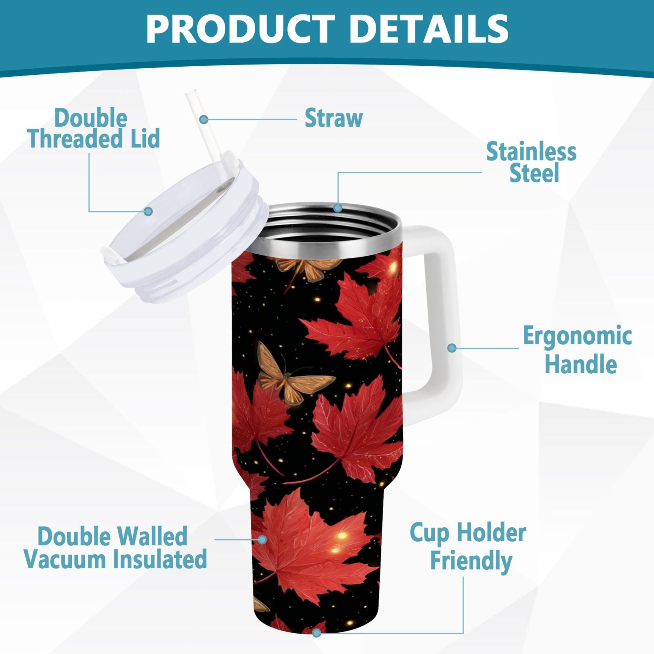 40 oz Insulated Stainless Steel Tumbler Double Wall Stainless Steel Tumbler with 2-Way Drinking Maple Leaves and Fireflies
