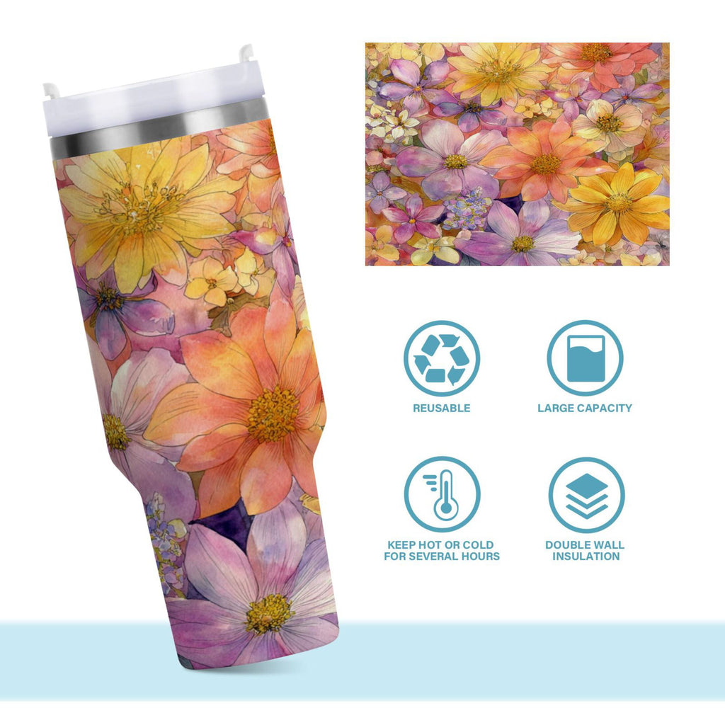 30 oz Insulated Stainless Steel Tumbler Double Wall Stainless Steel Tumbler with 2-Way Drinking Summer Blossoms