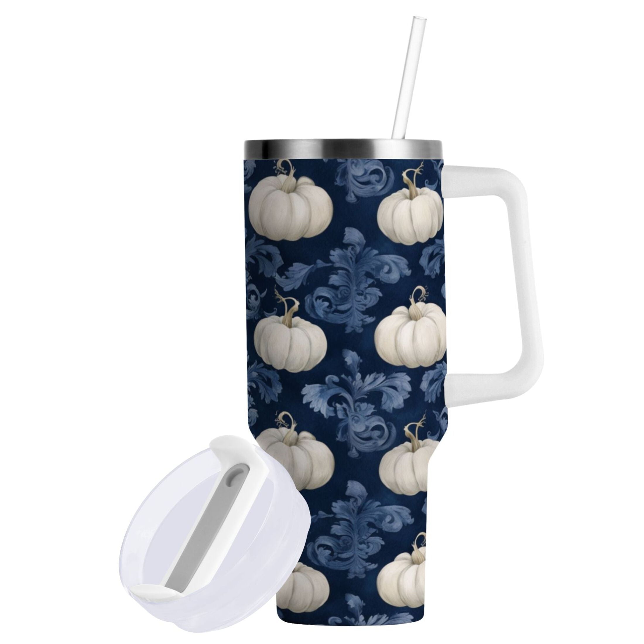 30 oz Insulated Stainless Steel Tumbler Double Wall Stainless Steel Tumbler with 2-Way Drinking Watercolor White Pumpkins