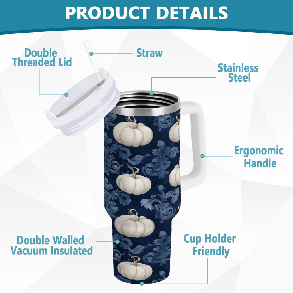 30 oz Insulated Stainless Steel Tumbler Double Wall Stainless Steel Tumbler with 2-Way Drinking Watercolor White Pumpkins