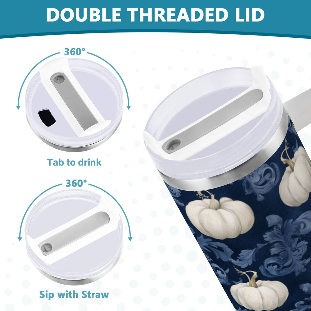 30 oz Insulated Stainless Steel Tumbler Double Wall Stainless Steel Tumbler with 2-Way Drinking Watercolor White Pumpkins