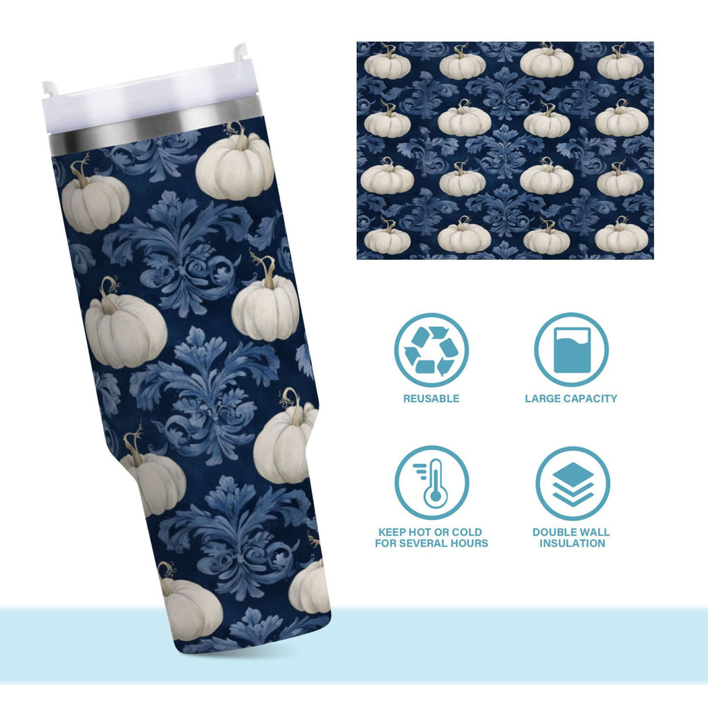 30 oz Insulated Stainless Steel Tumbler Double Wall Stainless Steel Tumbler with 2-Way Drinking Watercolor White Pumpkins