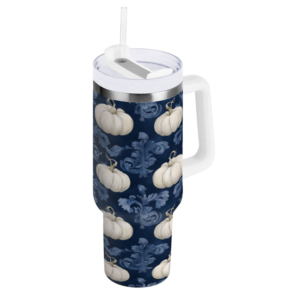 30 oz Insulated Stainless Steel Tumbler Double Wall Stainless Steel Tumbler with 2-Way Drinking Watercolor White Pumpkins