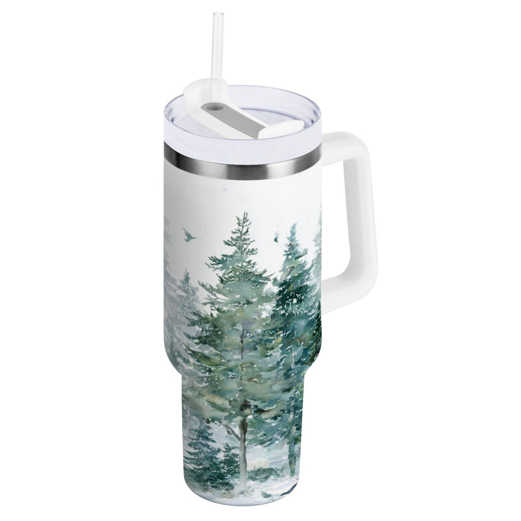 30 oz Insulated Stainless Steel Tumbler Double Wall Stainless Steel Tumbler with 2-Way Drinking Green Snowy Forest Scene