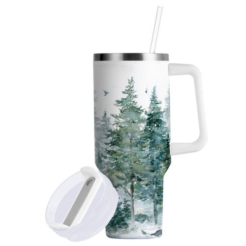 30 oz Insulated Stainless Steel Tumbler Double Wall Stainless Steel Tumbler with 2-Way Drinking Green Snowy Forest Scene