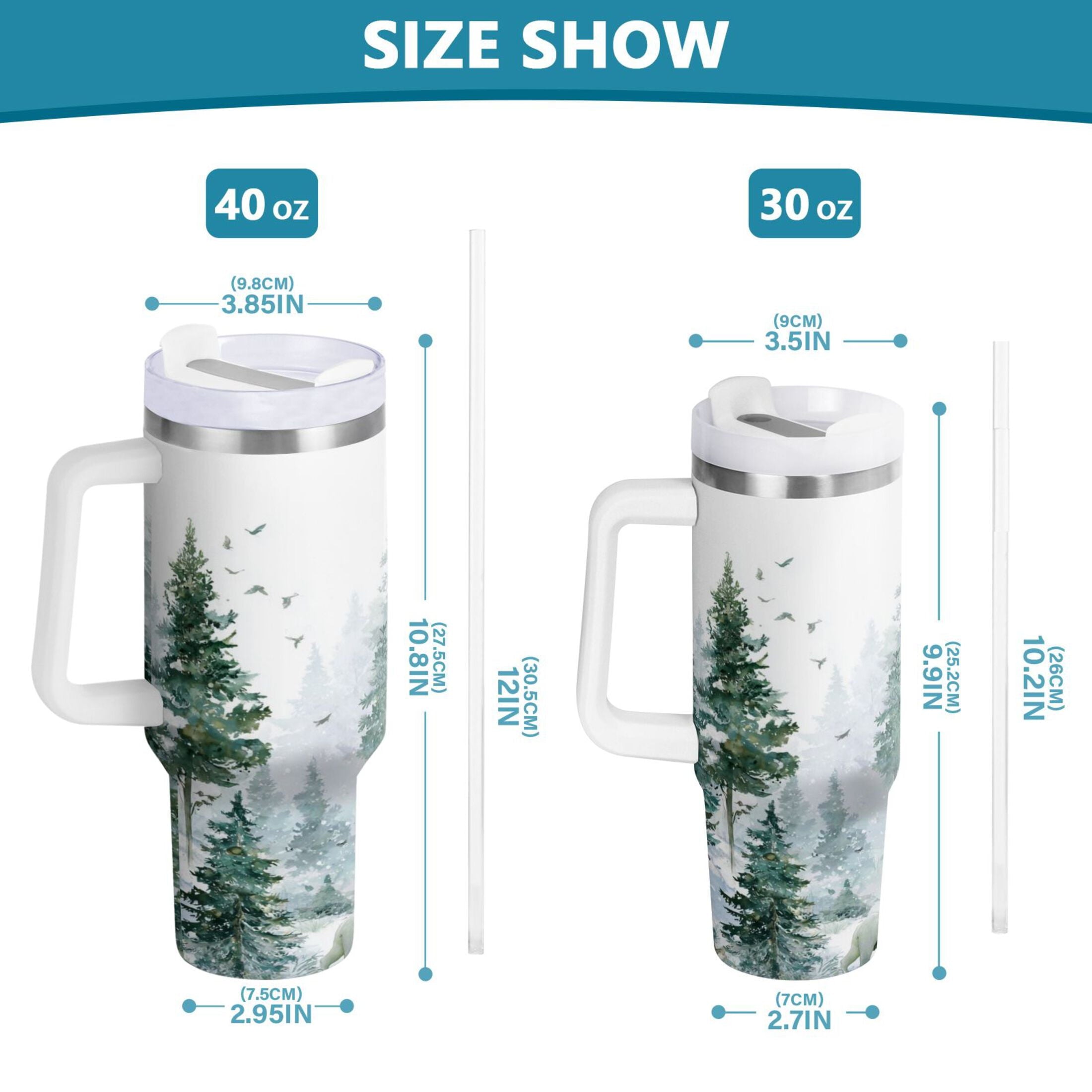 30 oz Insulated Stainless Steel Tumbler Double Wall Stainless Steel Tumbler with 2-Way Drinking Green Snowy Forest Scene