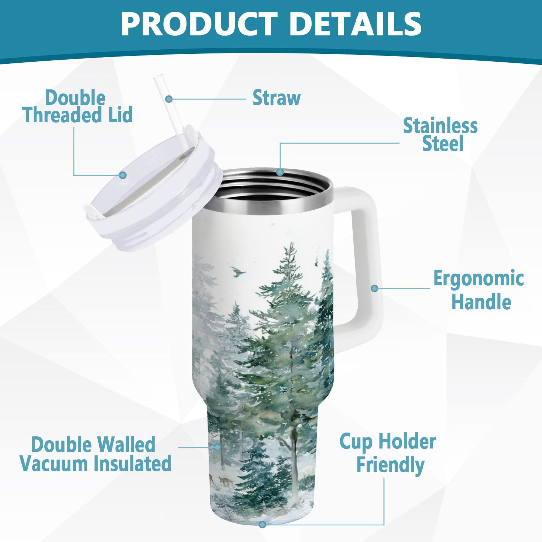 30 oz Insulated Stainless Steel Tumbler Double Wall Stainless Steel Tumbler with 2-Way Drinking Green Snowy Forest Scene