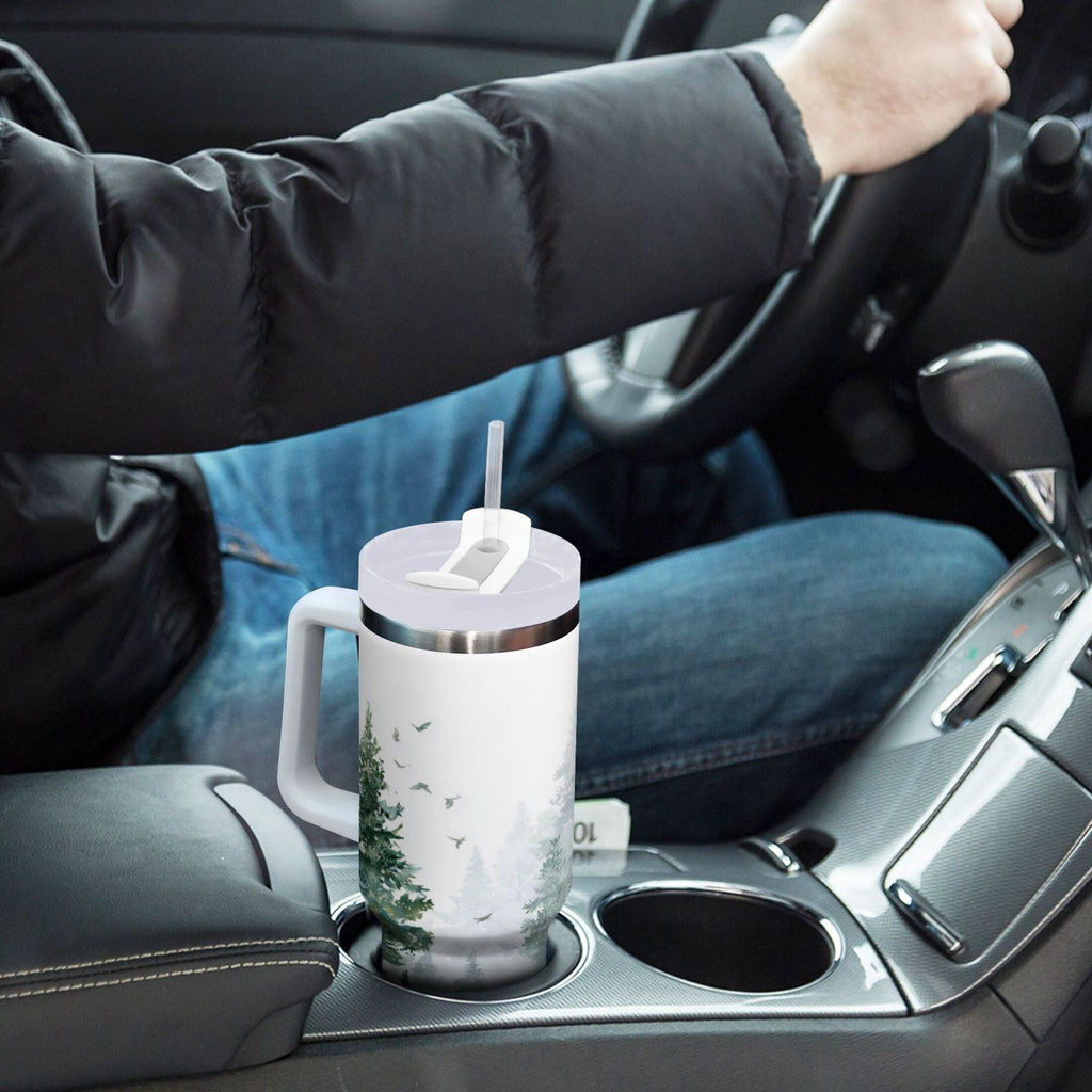 30 oz Insulated Stainless Steel Tumbler Double Wall Stainless Steel Tumbler with 2-Way Drinking Green Snowy Forest Scene