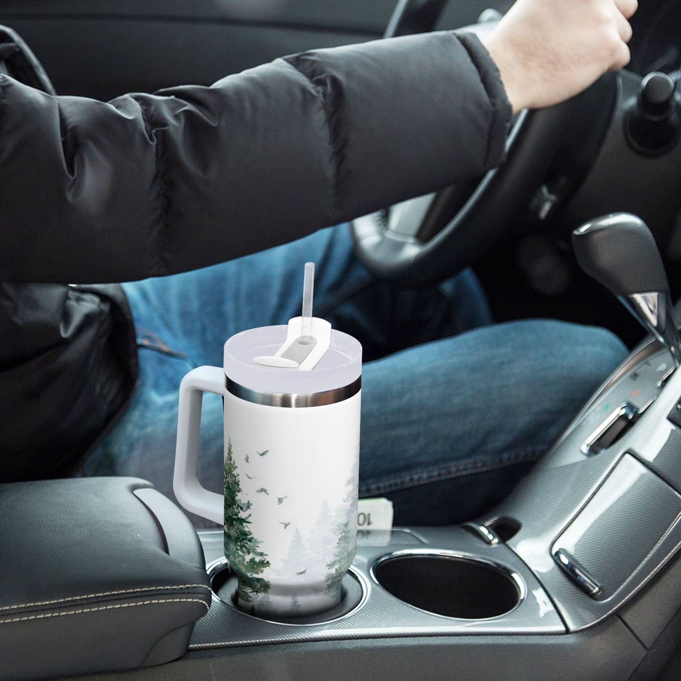30 oz Insulated Stainless Steel Tumbler Double Wall Stainless Steel Tumbler with 2-Way Drinking Green Snowy Forest Scene