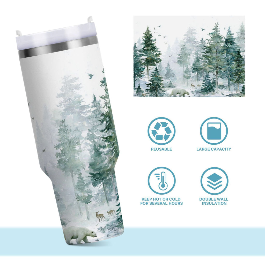 30 oz Insulated Stainless Steel Tumbler Double Wall Stainless Steel Tumbler with 2-Way Drinking Green Snowy Forest Scene
