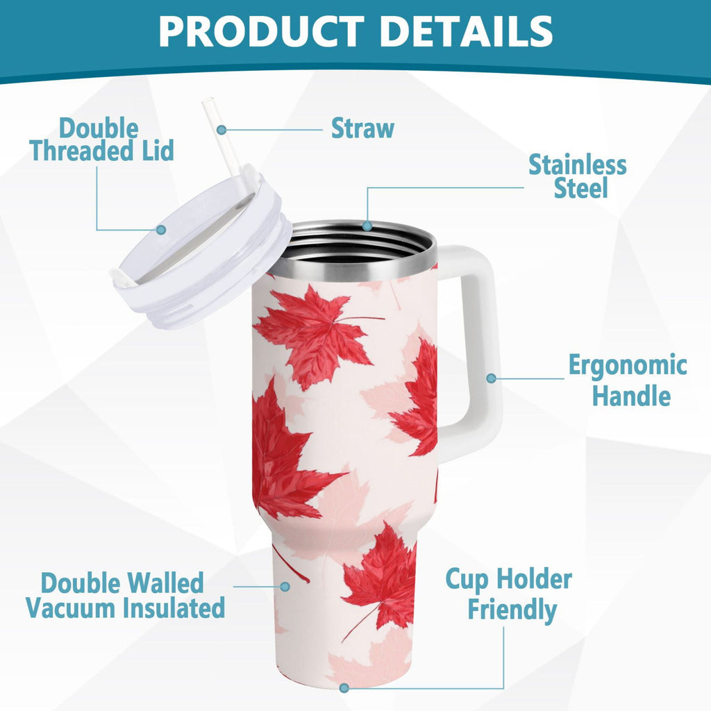 40 oz Insulated Stainless Steel Tumbler Double Wall Stainless Steel Tumbler with 2-Way Drinking Red Maple Leaves Pattern
