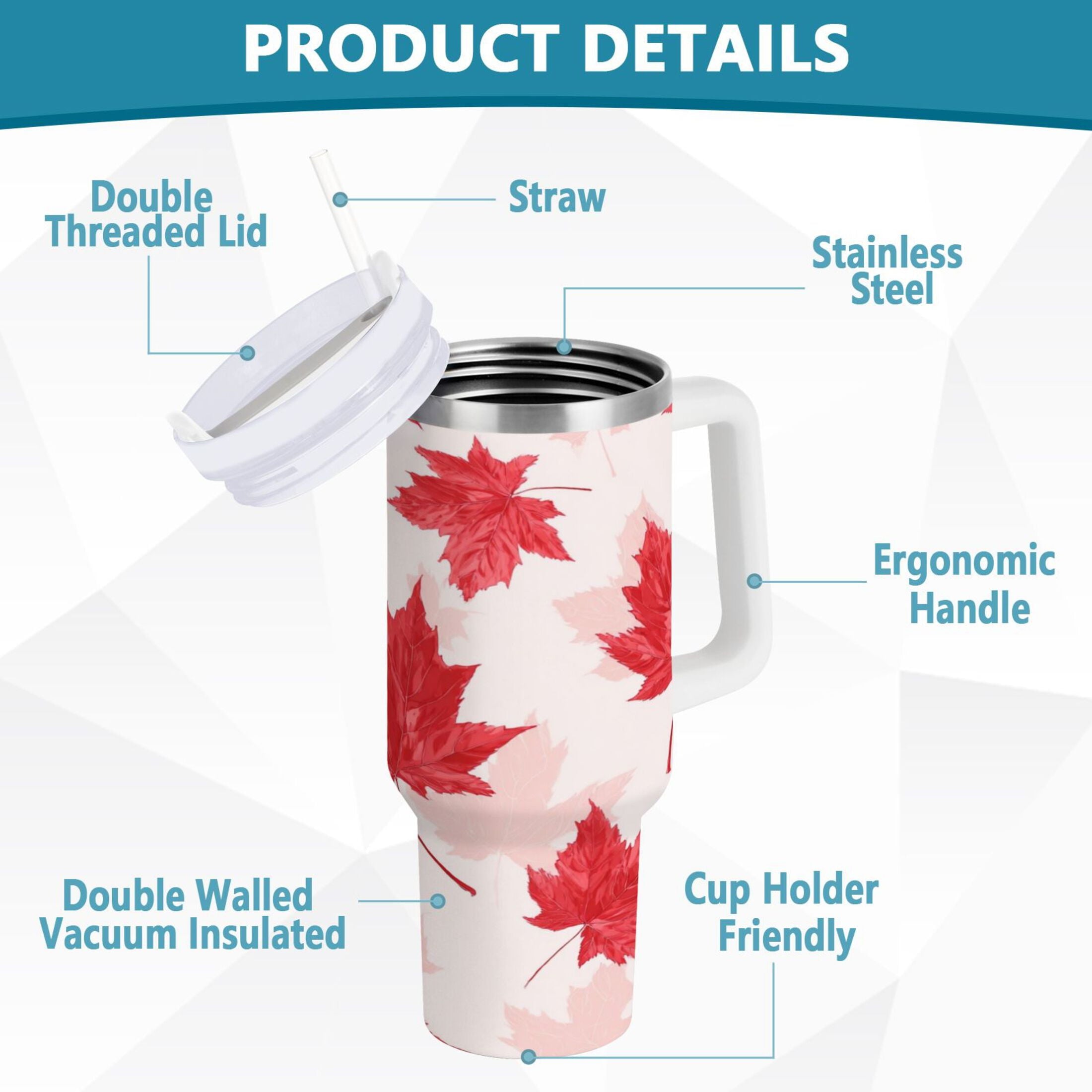 40 oz Insulated Stainless Steel Tumbler Double Wall Stainless Steel Tumbler with 2-Way Drinking Red Maple Leaves Pattern