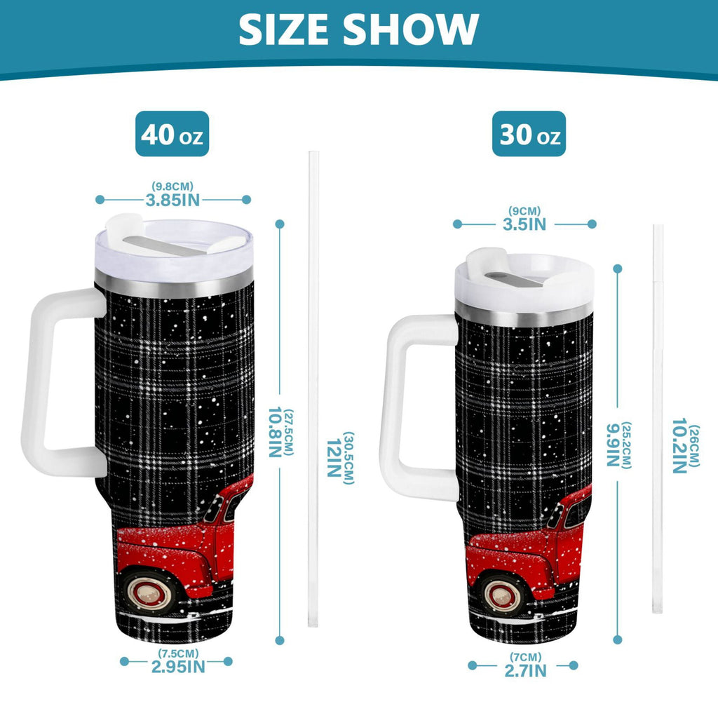 40 oz Insulated Stainless Steel Tumbler Double Wall Stainless Steel Tumbler with 2-Way Drinking Red Truck with Christmas Tree