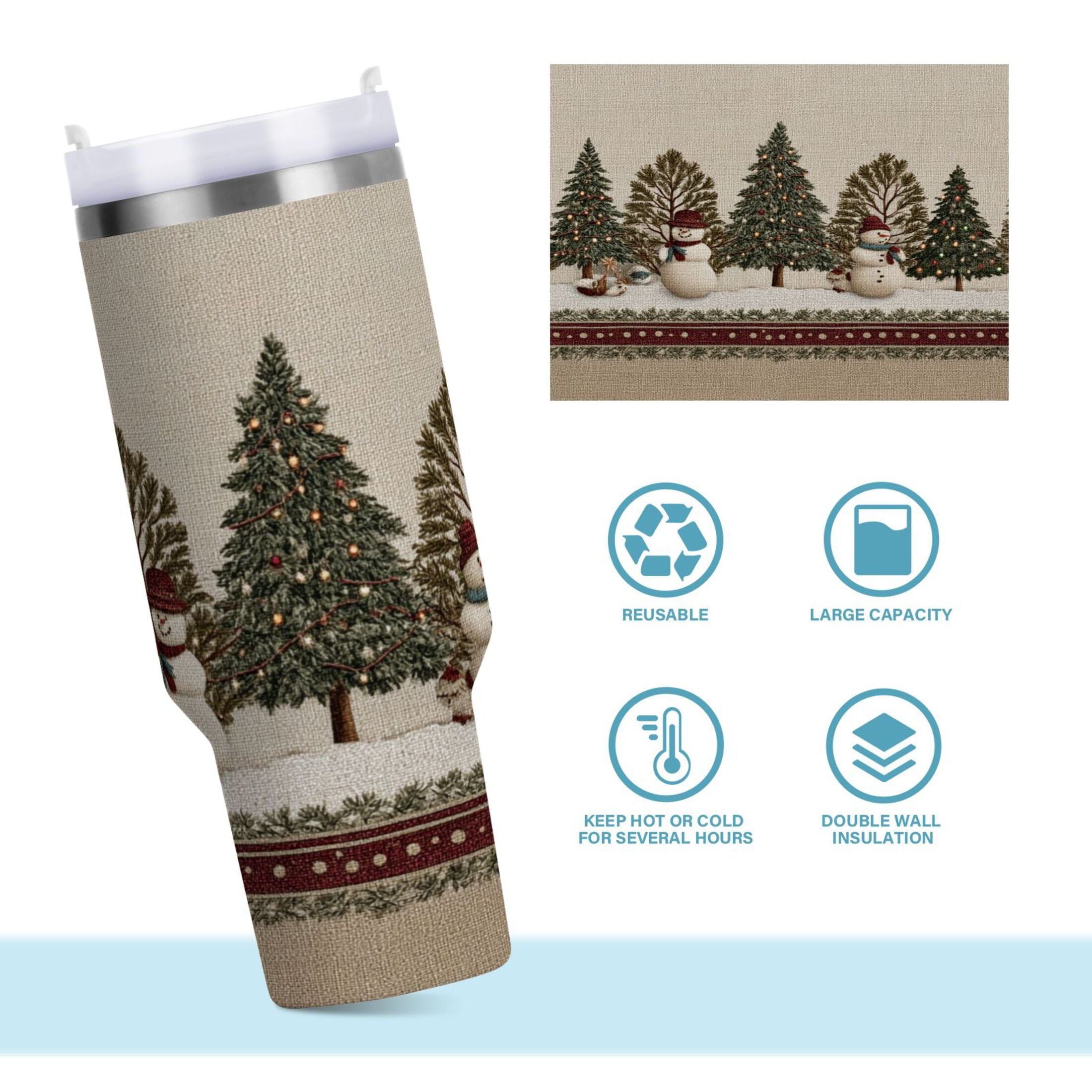 30 oz Insulated Stainless Steel Tumbler Double Wall Stainless Steel Tumbler with 2-Way Drinking Snowmen and Deer in The Forest