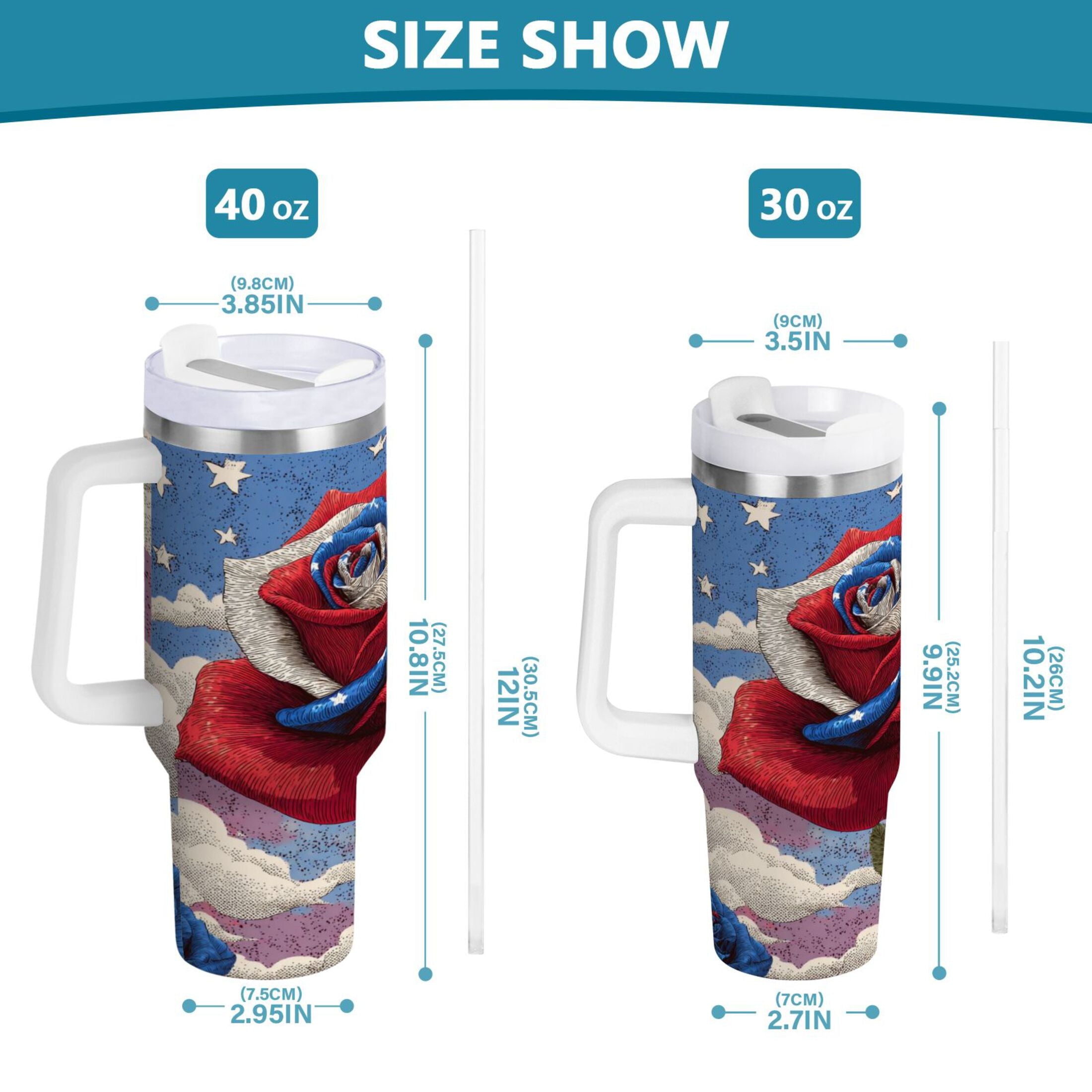 40 oz Insulated Stainless Steel Tumbler Double Wall Stainless Steel Tumbler with 2-Way Drinking Roses and Clouds