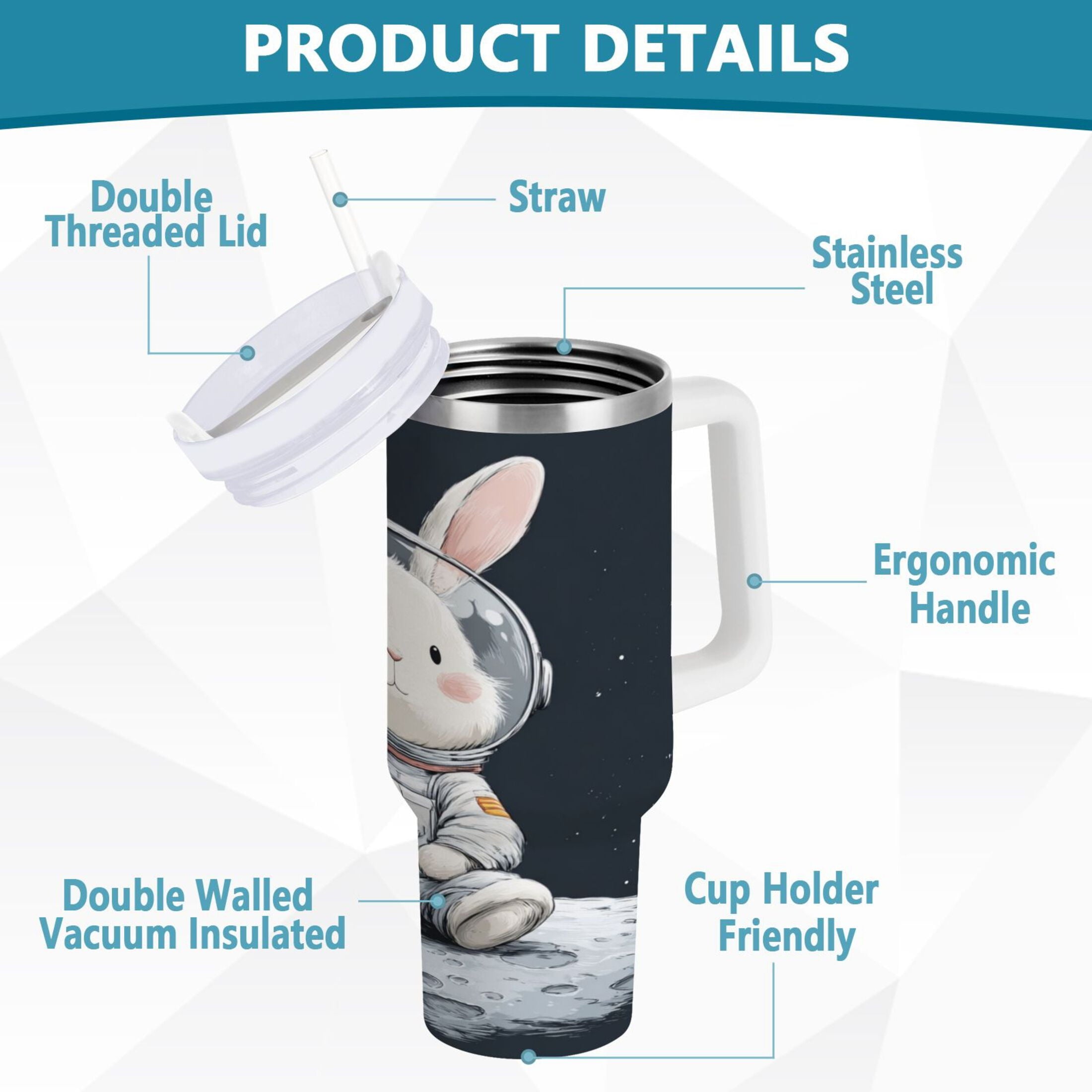 40 oz Insulated Stainless Steel Tumbler Double Wall Stainless Steel Tumbler with 2-Way Drinking Rabbit in A Space