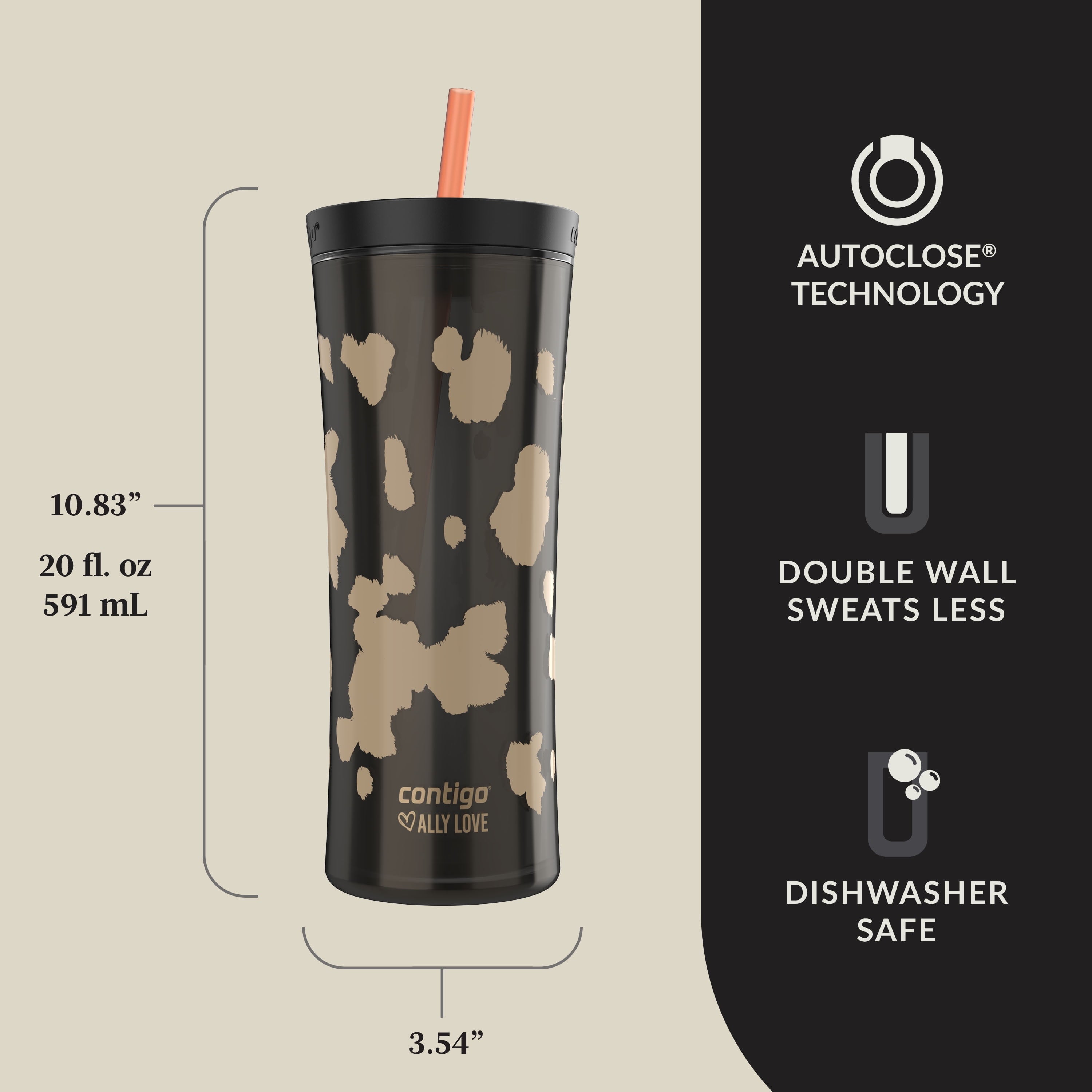 Contigo 20oz Shake &amp; Go Tumbler, Plastic with Straw, Licorice Cowhide Couture