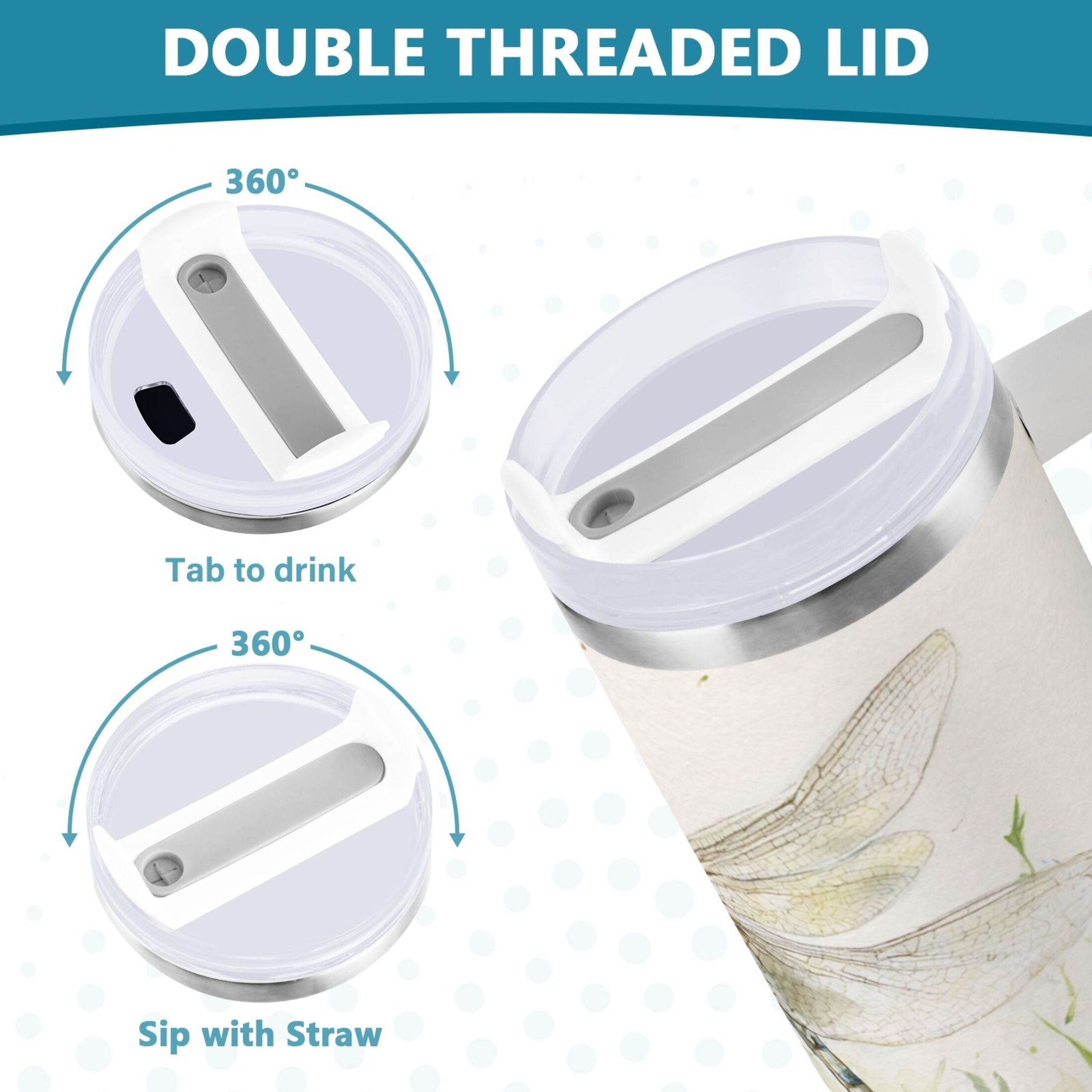 30 oz Insulated Stainless Steel Tumbler Double Wall Stainless Steel Tumbler with 2-Way Drinking Dragonflies with White Daisies