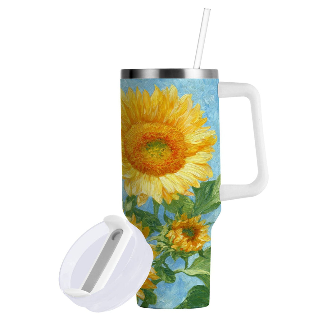 40 oz Insulated Stainless Steel Tumbler Double Wall Stainless Steel Tumbler with 2-Way Drinking Sunflower Oil Painting