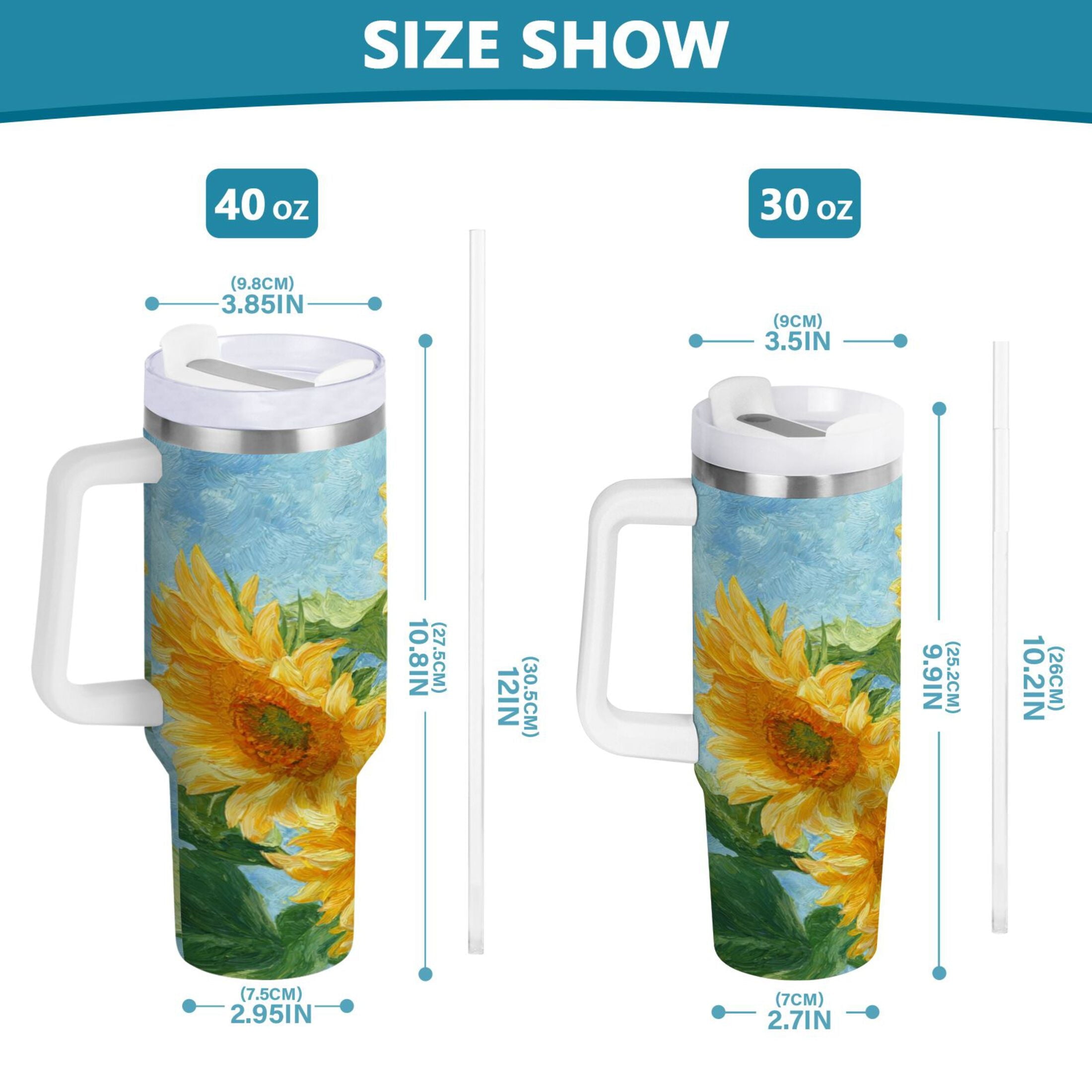 40 oz Insulated Stainless Steel Tumbler Double Wall Stainless Steel Tumbler with 2-Way Drinking Sunflower Oil Painting