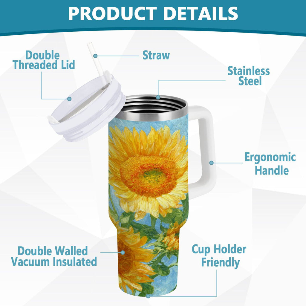 40 oz Insulated Stainless Steel Tumbler Double Wall Stainless Steel Tumbler with 2-Way Drinking Sunflower Oil Painting