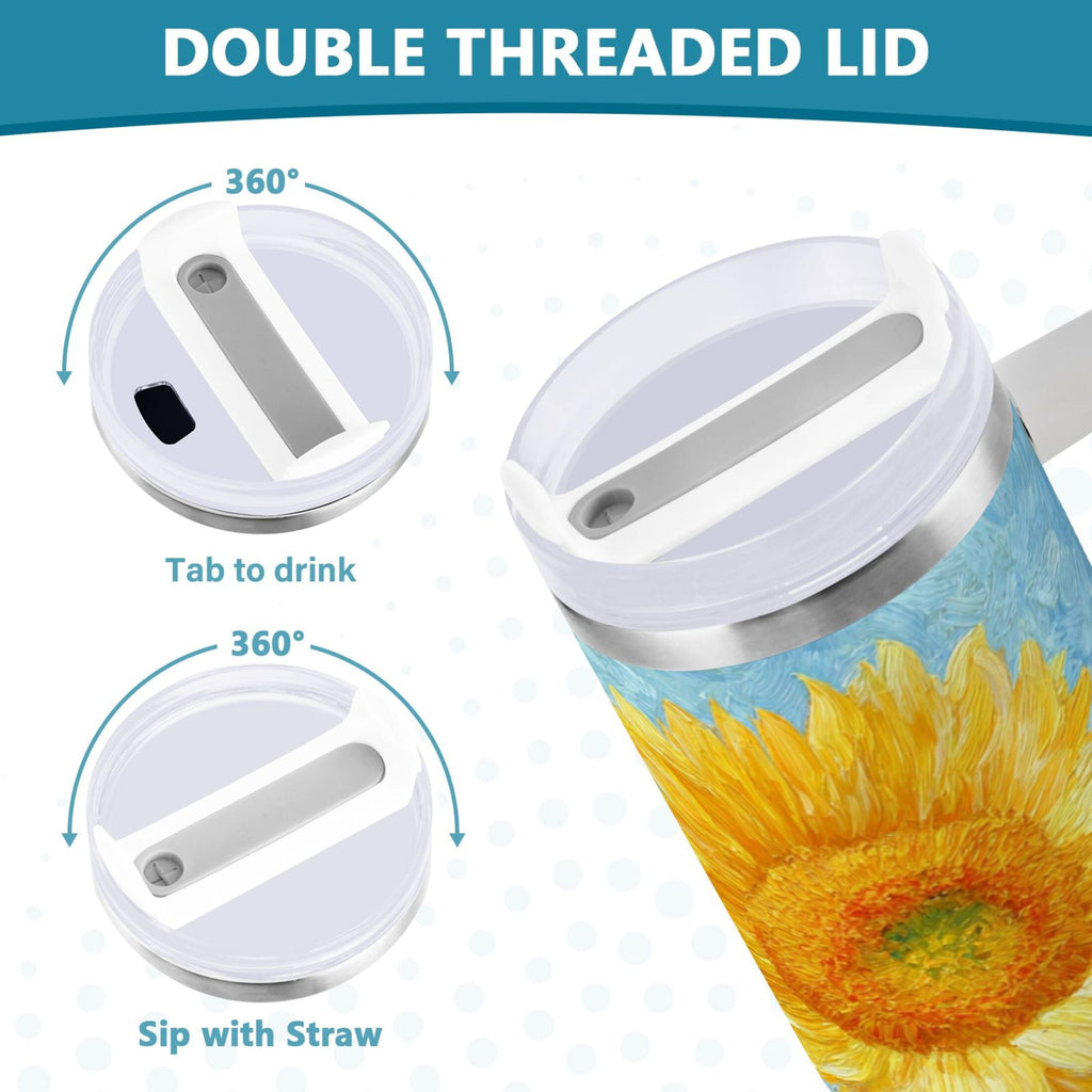 40 oz Insulated Stainless Steel Tumbler Double Wall Stainless Steel Tumbler with 2-Way Drinking Sunflower Oil Painting