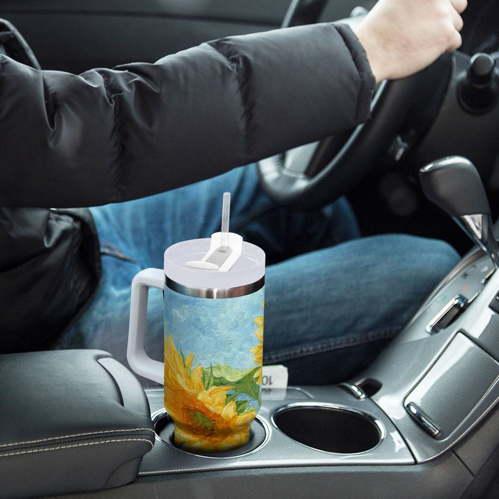 40 oz Insulated Stainless Steel Tumbler Double Wall Stainless Steel Tumbler with 2-Way Drinking Sunflower Oil Painting