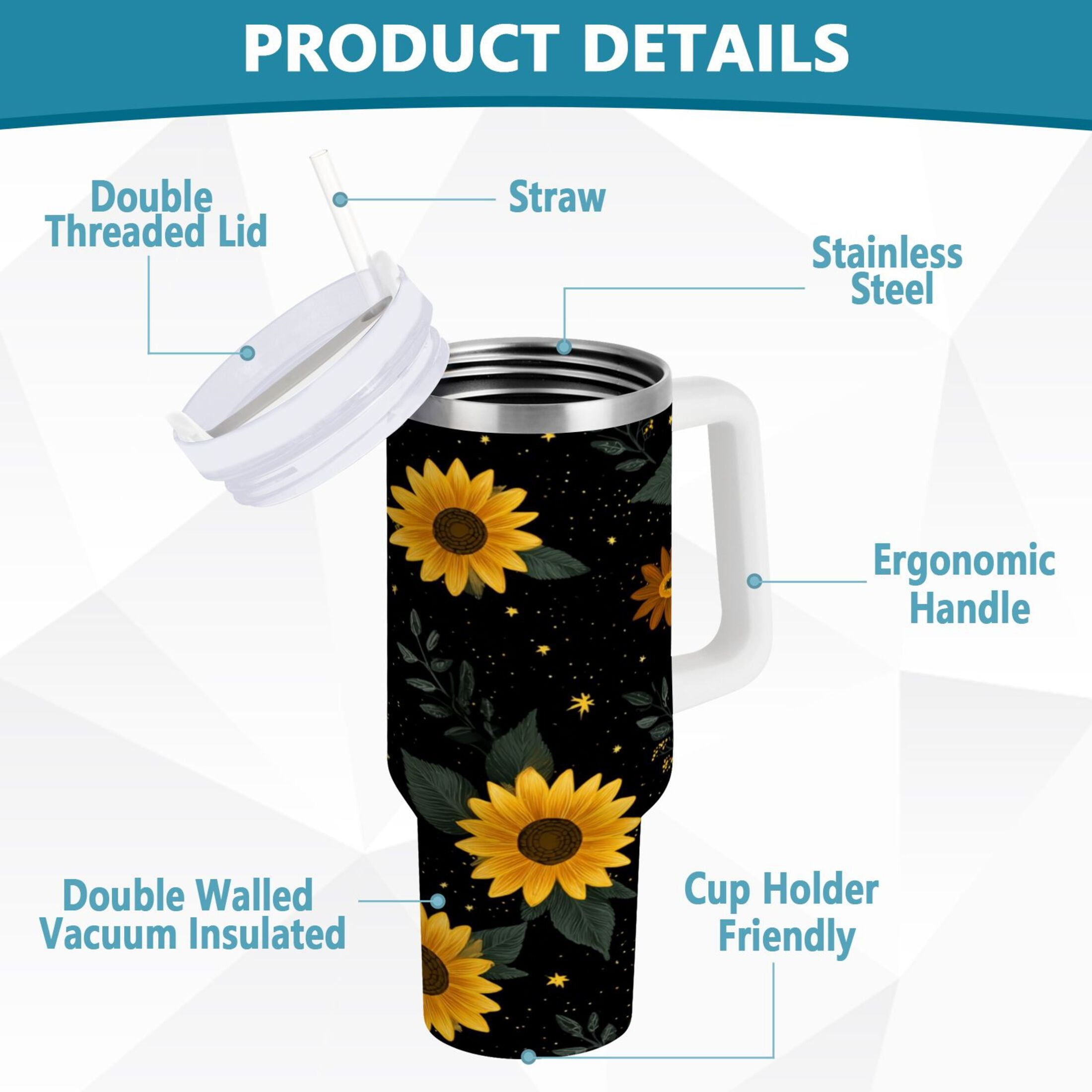 30 oz Insulated Stainless Steel Tumbler Double Wall Stainless Steel Tumbler with 2-Way Drinking Yellow Sunflower Pattern