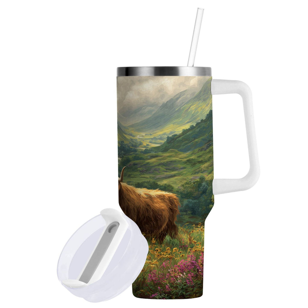 30 oz Insulated Stainless Steel Tumbler Double Wall Stainless Steel Tumbler with 2-Way Drinking Cow in Green Rolling Hills