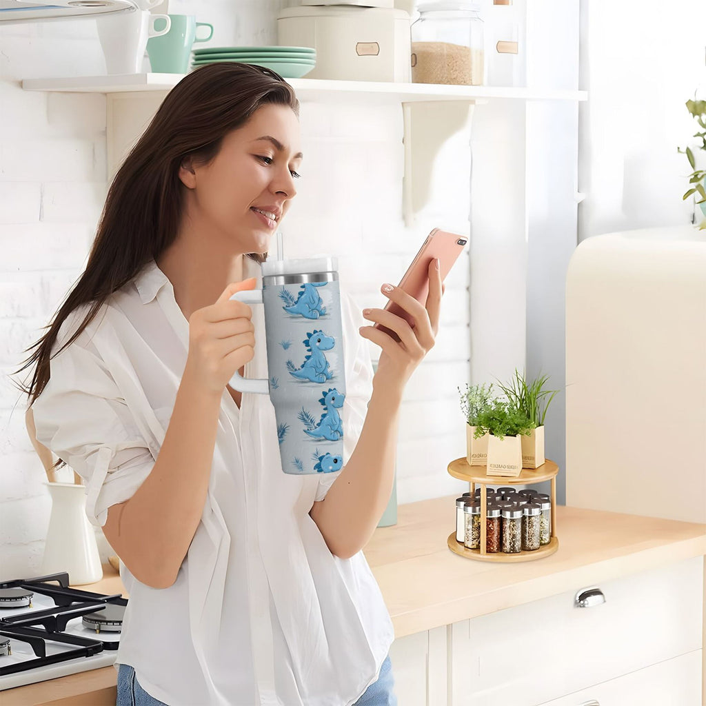 30 oz Insulated Stainless Steel Tumbler Double Wall Stainless Steel Tumbler with 2-Way Drinking Cartoon Blue Dinosaurs