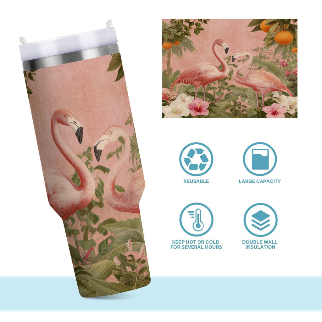 40 oz Insulated Stainless Steel Tumbler Double Wall Stainless Steel Tumbler with 2-Way Drinking Flamingos in Tropical Garden