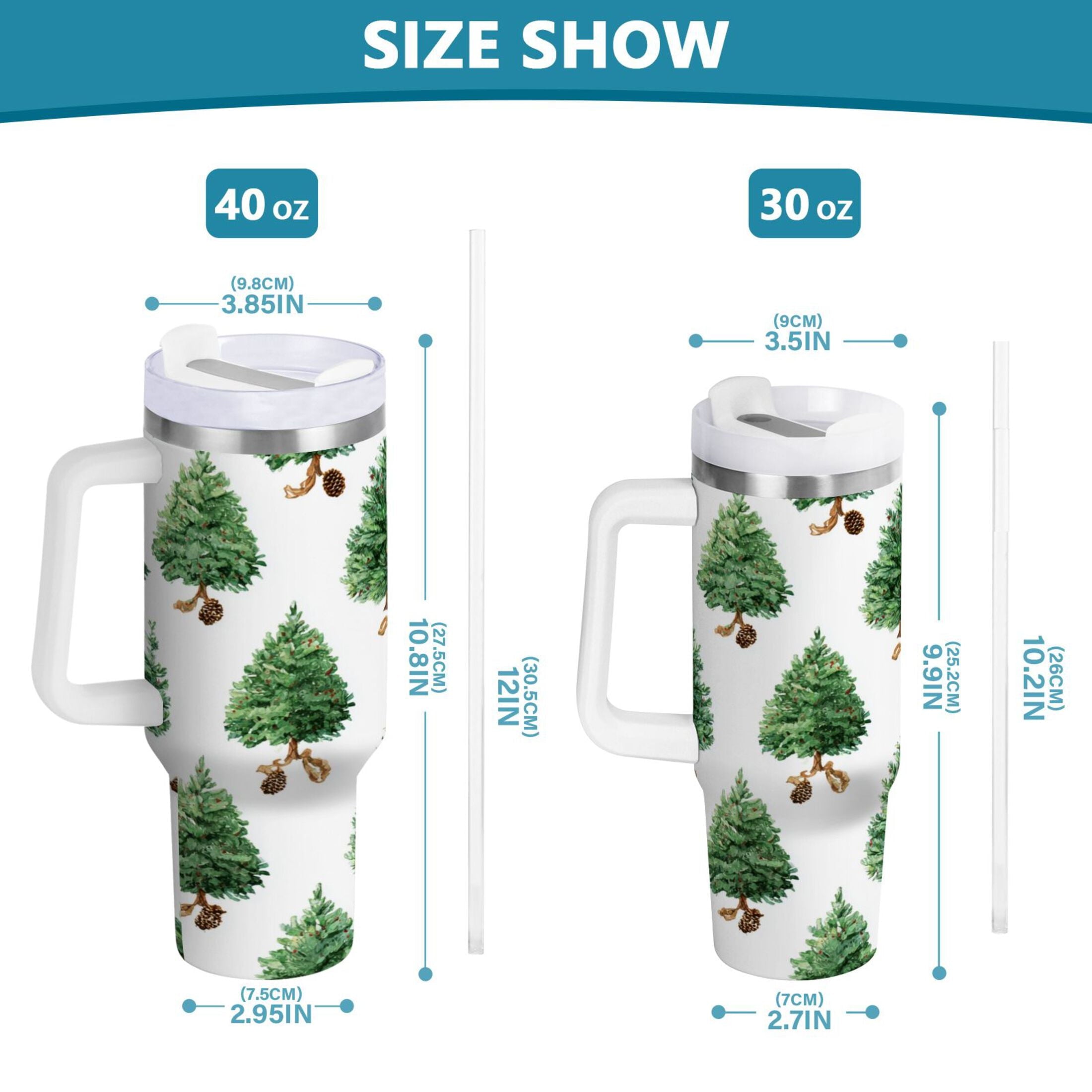 30 oz Insulated Stainless Steel Tumbler Double Wall Stainless Steel Tumbler with 2-Way Drinking Watercolor Green Christmas Tree